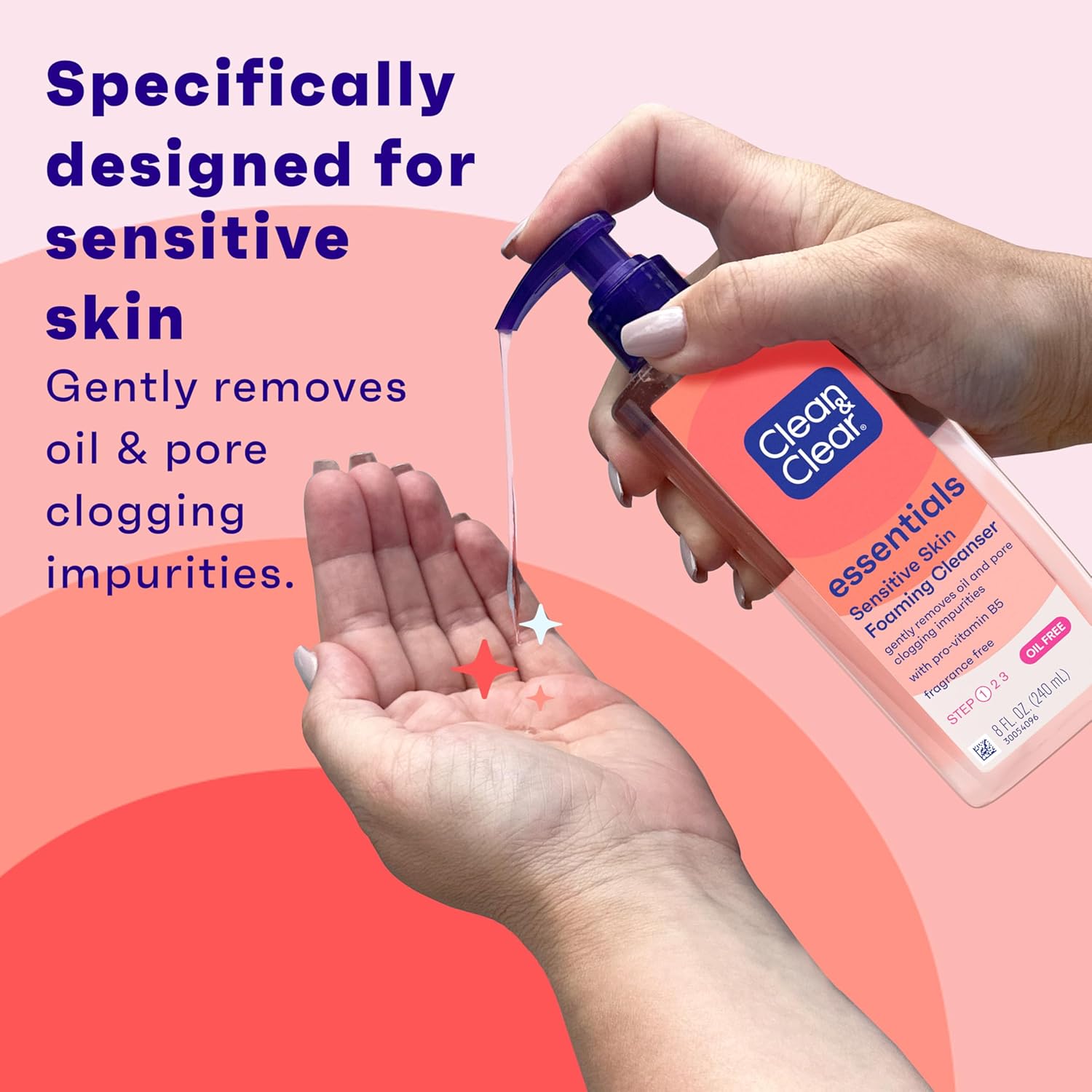 Clean & Clear Essentials Oil-Free Foaming Facial Cleanser, Daily Foaming Face Wash with Pro-Vitamin B5 for Sensitive Skin, Gently Removes Oil & Pore-Clogging Impurities, Fragrance-Free, 8 fl oz - Image 2