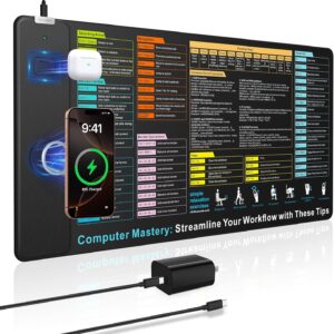 Wireless Charging Mouse Pad with Excel Formulas Shortcuts, 31.5″x15.8″ Extra Large Office Spreadsheet Cheat Sheet Desk Mat, Waterproof Ultra-Smooth Surface, Non-Slip Base, with 20W PD Adapter