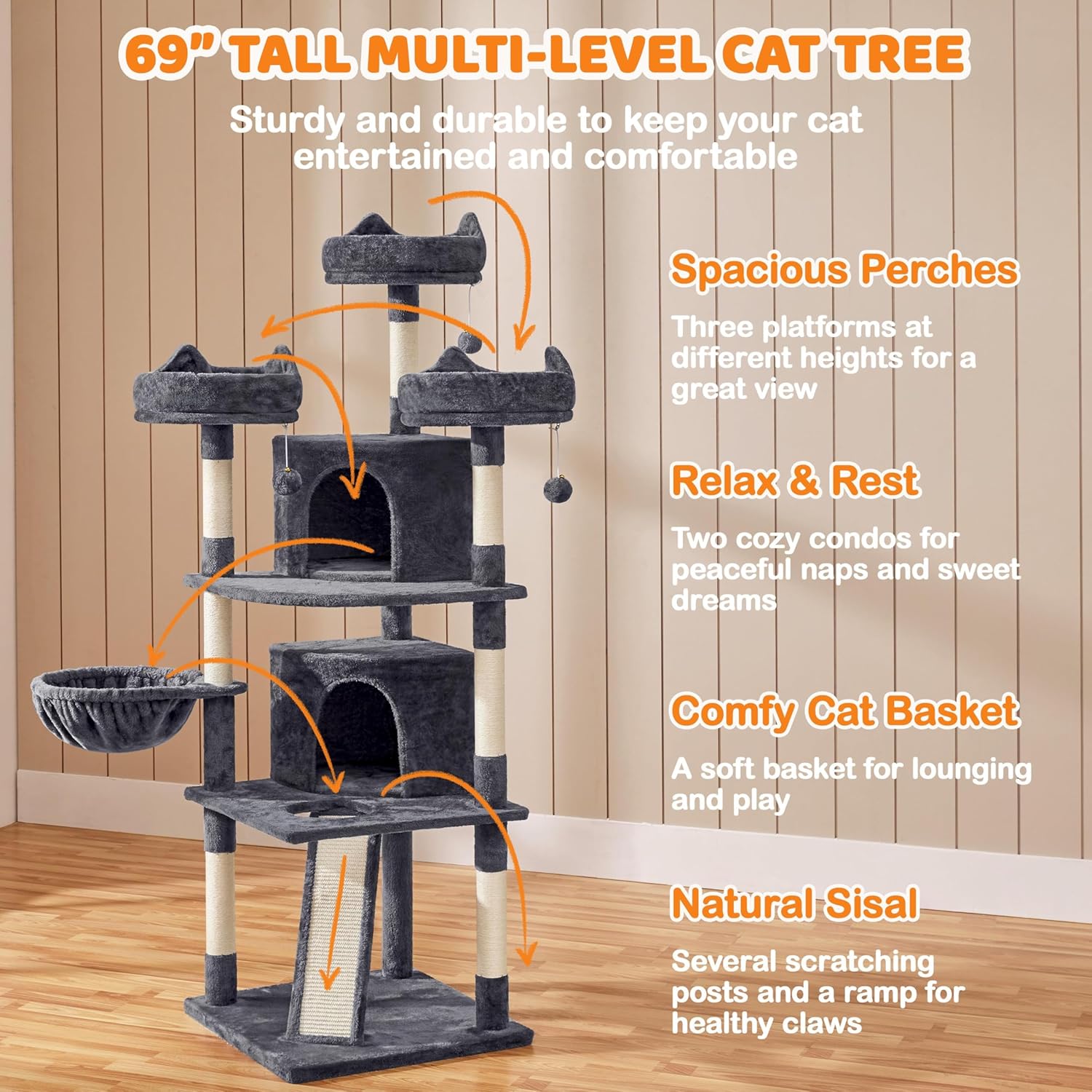 Yaheetech | 68.5in Cat Tree | for Large Cats | Multi-Level Cat Tower with 3 Wide Perches, Large Condo | Stable Pet Play House w/Sisal-Covered Scratching Posts & Board | Dark Gray - Image 3