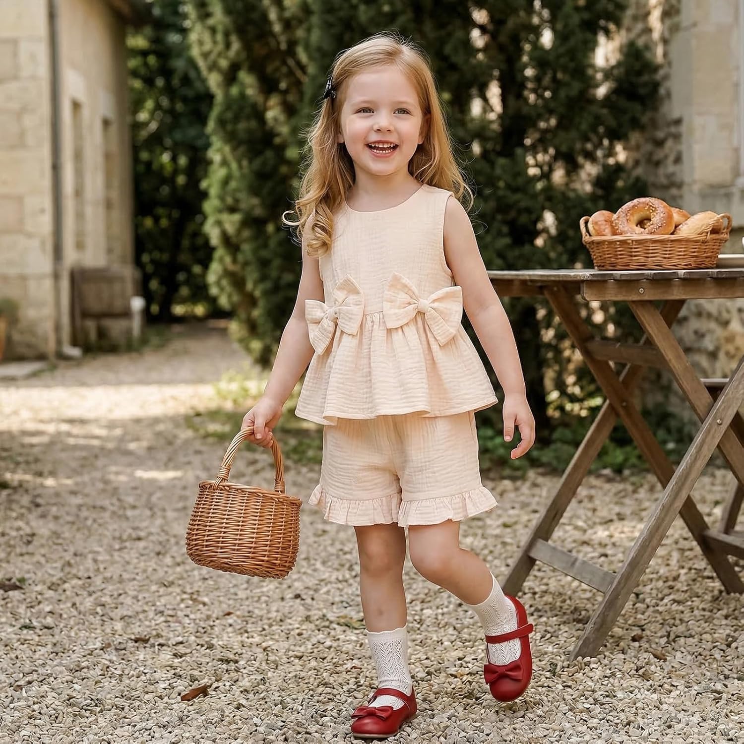 Kupretty Toddler Baby Girl Clothes Summer Linen Outfit Bows Ruffle Vest Shirts + Ruffled Short Set 12 18 24 Month 2T 3T - Image 2