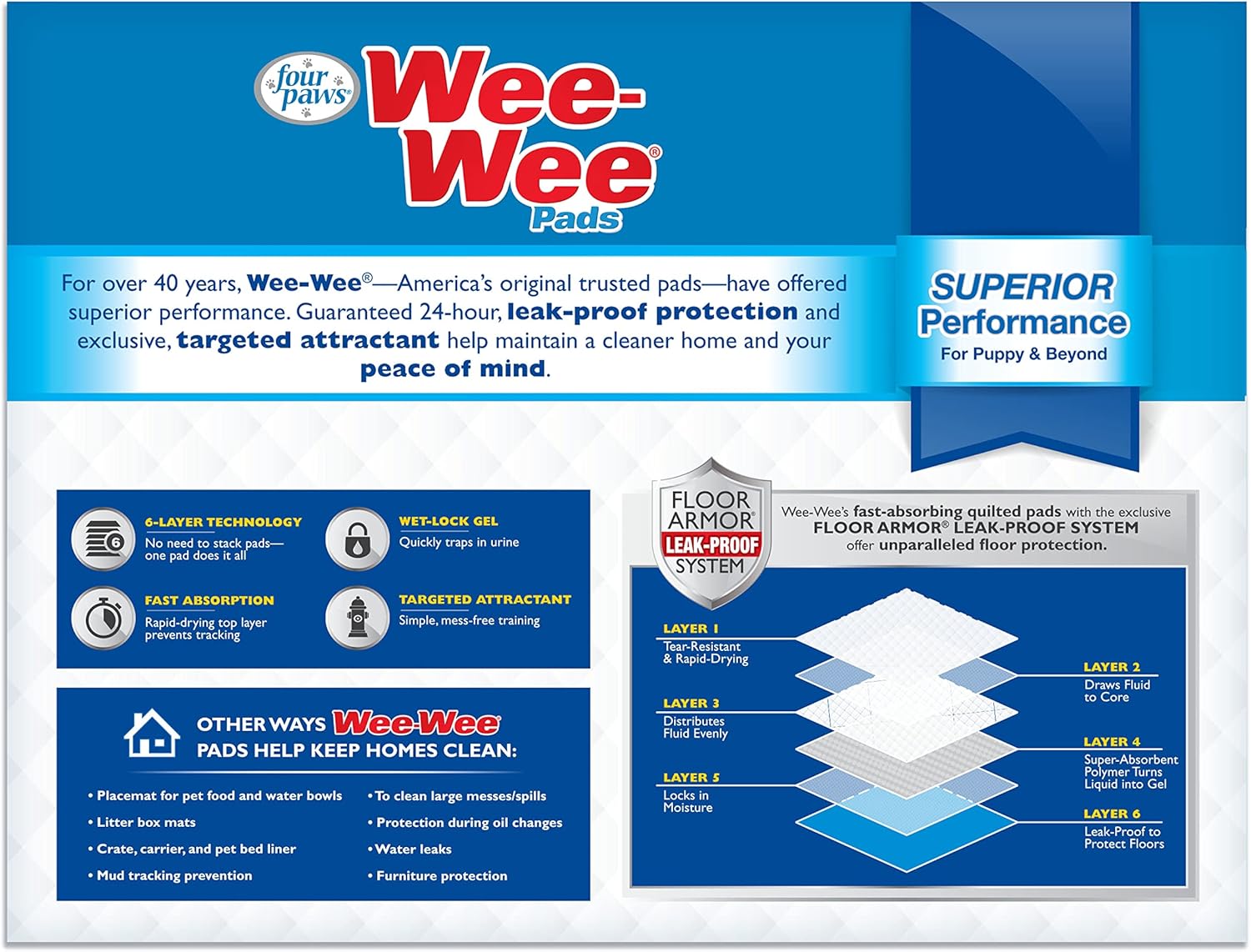 Four Paws Wee-Wee Superior Performance Unscented Pee Pads for Dogs & Puppies, Quilted Leak-Proof Dog Housebreaking Potty Training Floor Protection, 22" x 23", 10 Count - Image 10