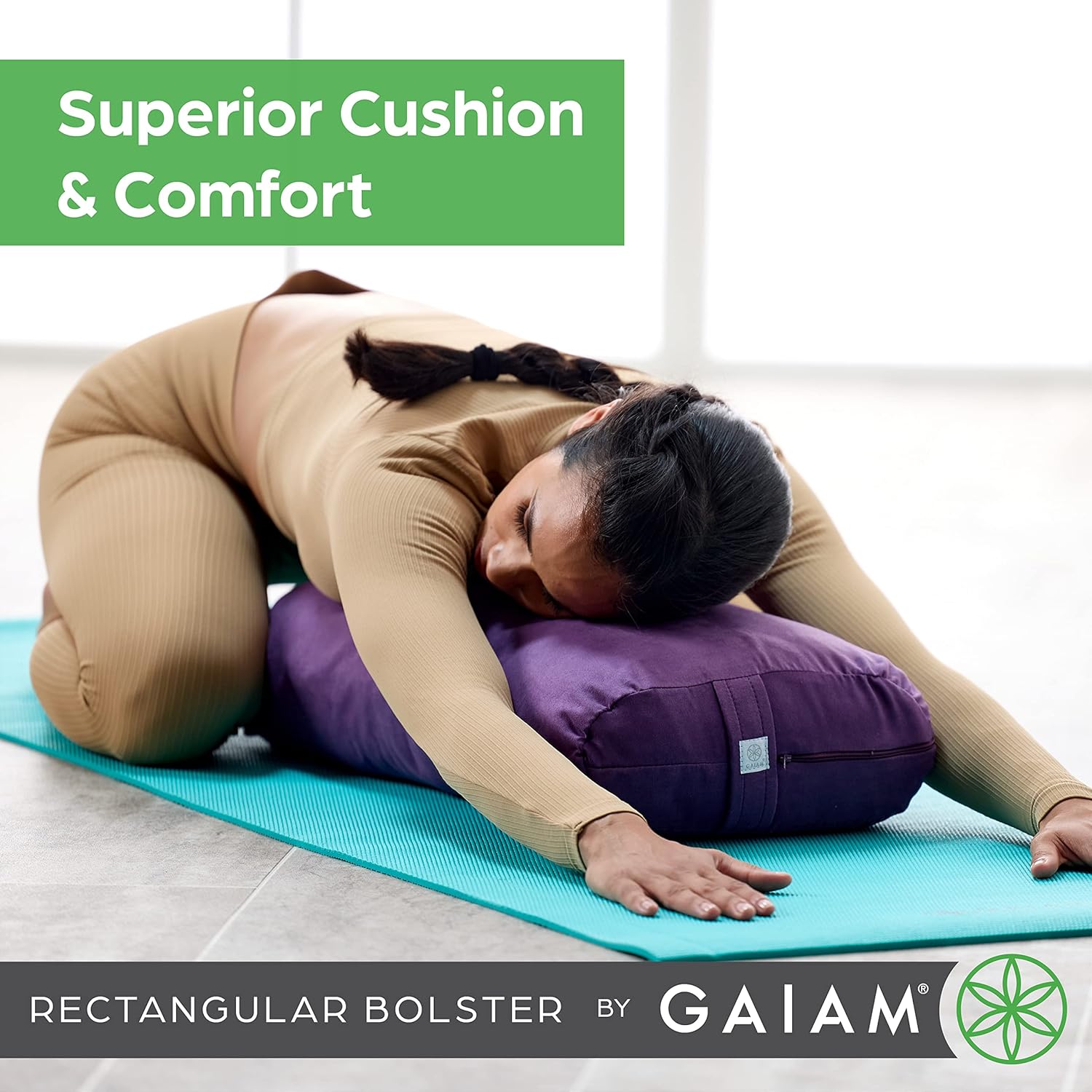 Gaiam Yoga Bolster Pillow, Soft Meditation Cushion for Yoga, Massage and Back Support, Breathable Cotton Fill, Zippered Microfiber Cover, Easy-Carry Handle, Machine Washable - Image 3