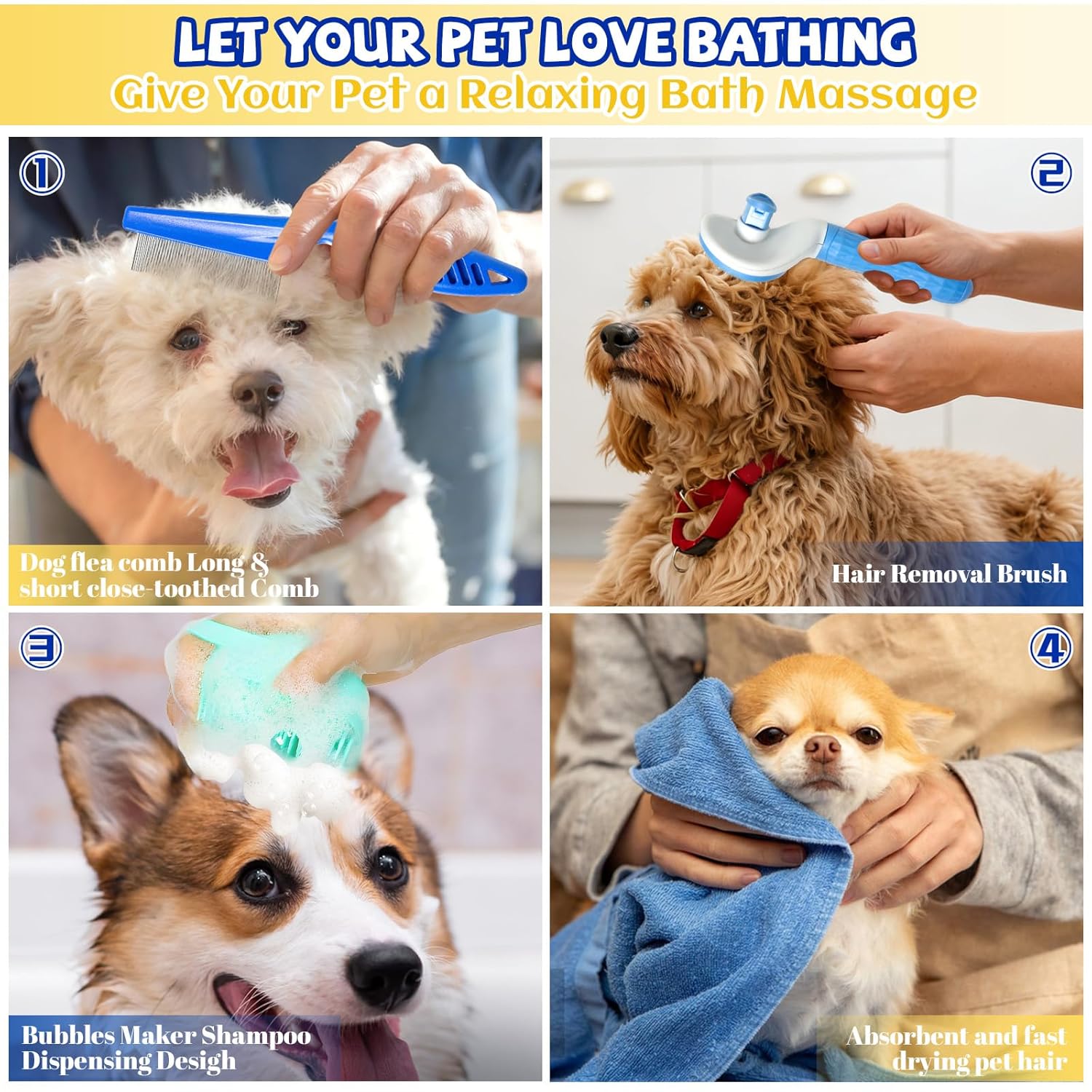 8PCS Dog Slicker Brush for Dogs Grooming Kit,Bath Grooming Kit for Pets,Hair Brush Set with Towel,Washing Gloves,Slicker Comb,and Shampoo Scrubber Brush for Small and Large Dogs and Cats(Blue) - Image 7