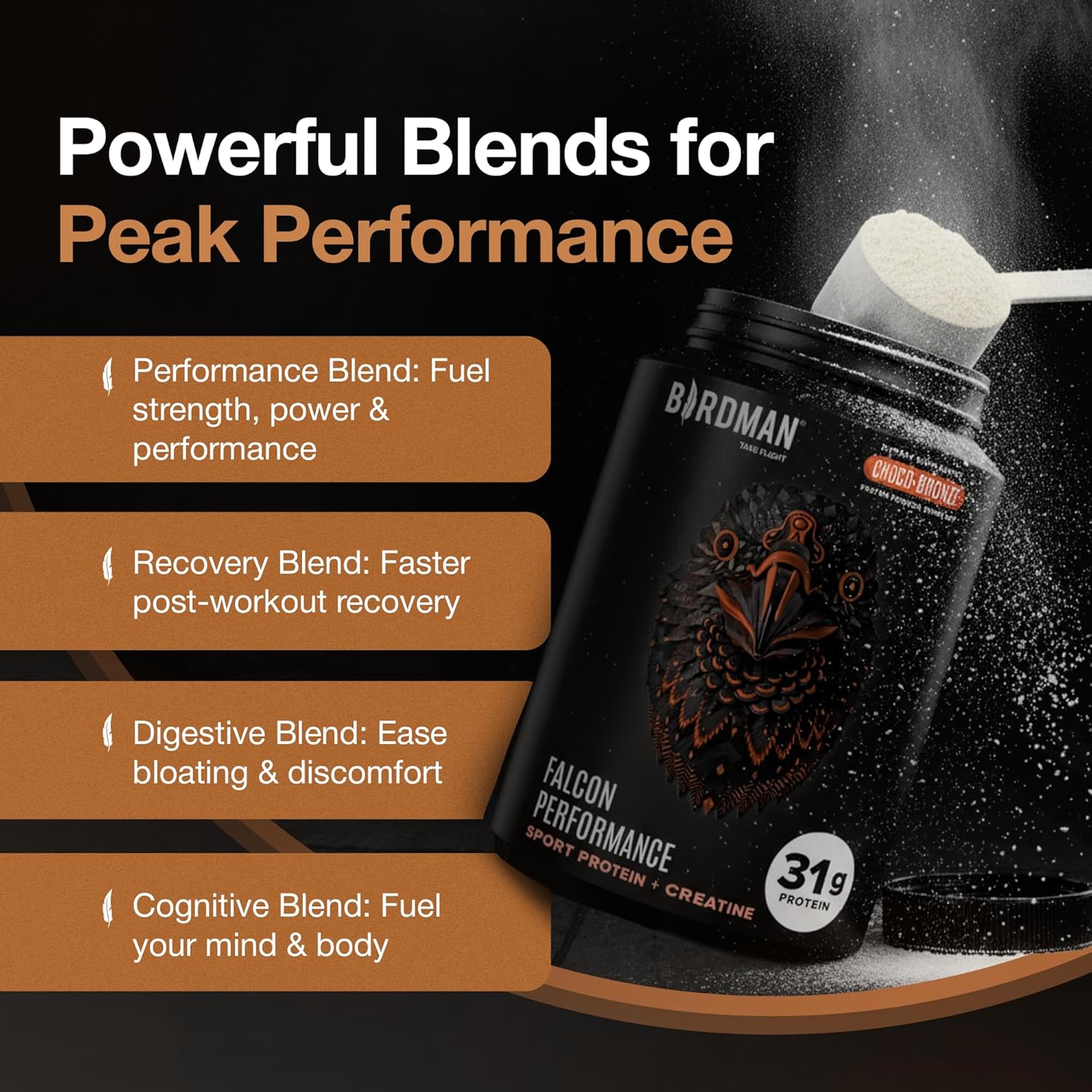 Birdman Falcon Performance Vegan Protein Powder, 31g Protein, 5g Creatine, 5g BCAA, Probiotics, Electrolytes, Pre Workout, Low Carb, Sugar Free & Dairy Free, Plant Based Chocolate Protein -19 servings - Image 7
