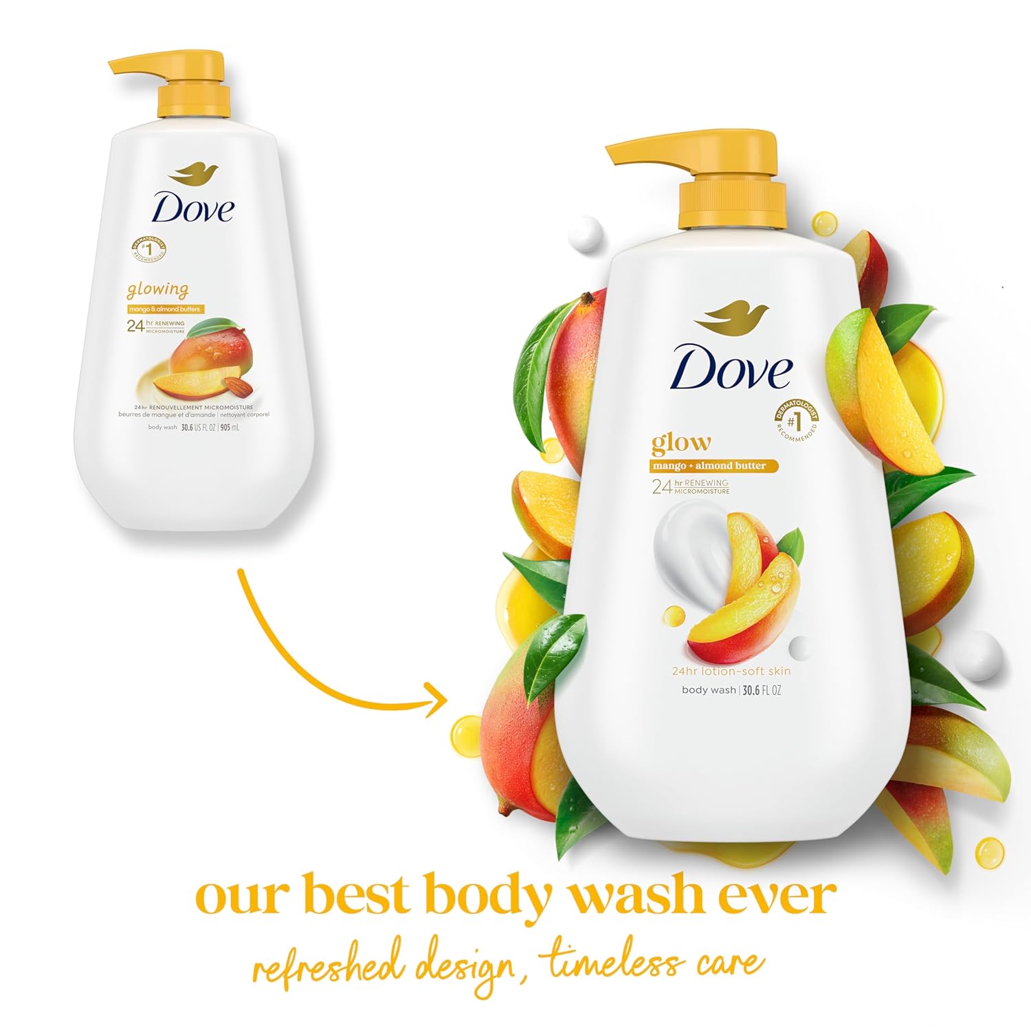 Dove Body Wash with Pump Glow Mango & Almond Butter For 24hr Lotion-Soft Skin Moisturizing Skin Cleanser with No Sulfates No Parabens 30.6 oz - Image 3