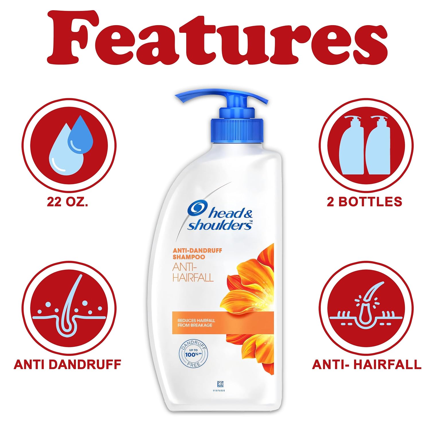 Head & Shoulders Anti Hair fall Shampoo, 2 Pack Anti Dandruff Shampoo, Relieves Dry Scalp and Repairs Damage, Fresh Scent, 22 oz Pump Bottles - Image 2