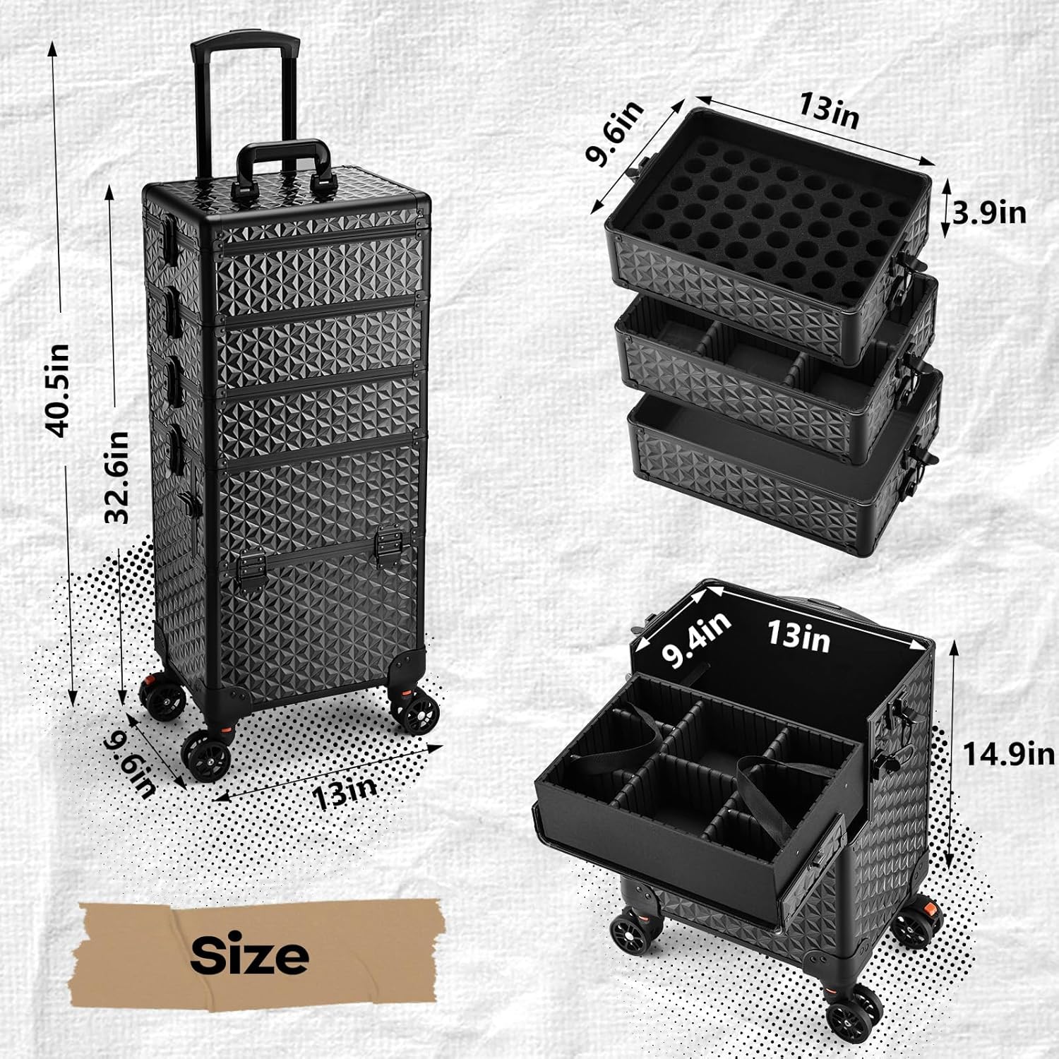 Yueieoun 5 in 1 Makeup Train Case, Cosmetology Case on Wheels Travel Make up Case Rolling Nail Cart Makeup Organizer Cosmetic Storage Box Cases Extra Large Trolley Truck with 360° Swivel Wheels, Black - Image 6
