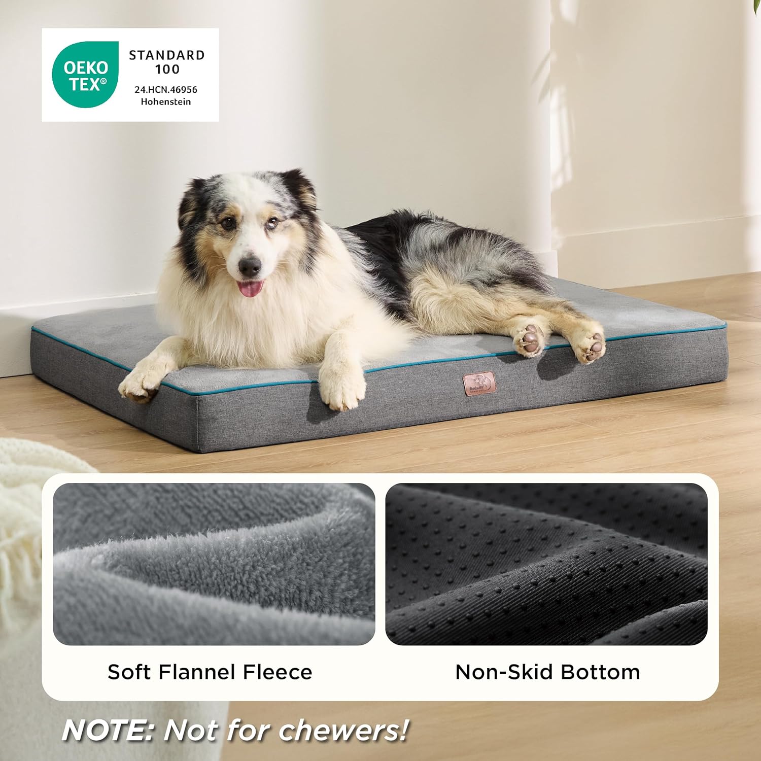 Bedsure Memory Foam Dog Crate Bed for Extra Large Dogs - XL Orthopedic Pet Beds with Removable Washable Cover and Nonskid Bottom - Plush Flannel Fleece Top Pet Mat, Grey - Image 3