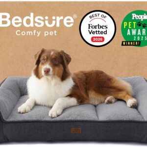 Bedsure SupportMax™ Orthopedic Dog Beds Large Sized Dog – Extra Thick Supportive Large Dogs Bed with Waterproof Washable Cover, L Plus Comfort Pet Sofa with Soft Sherpa and Nonskid Bottom, Grey, 38″