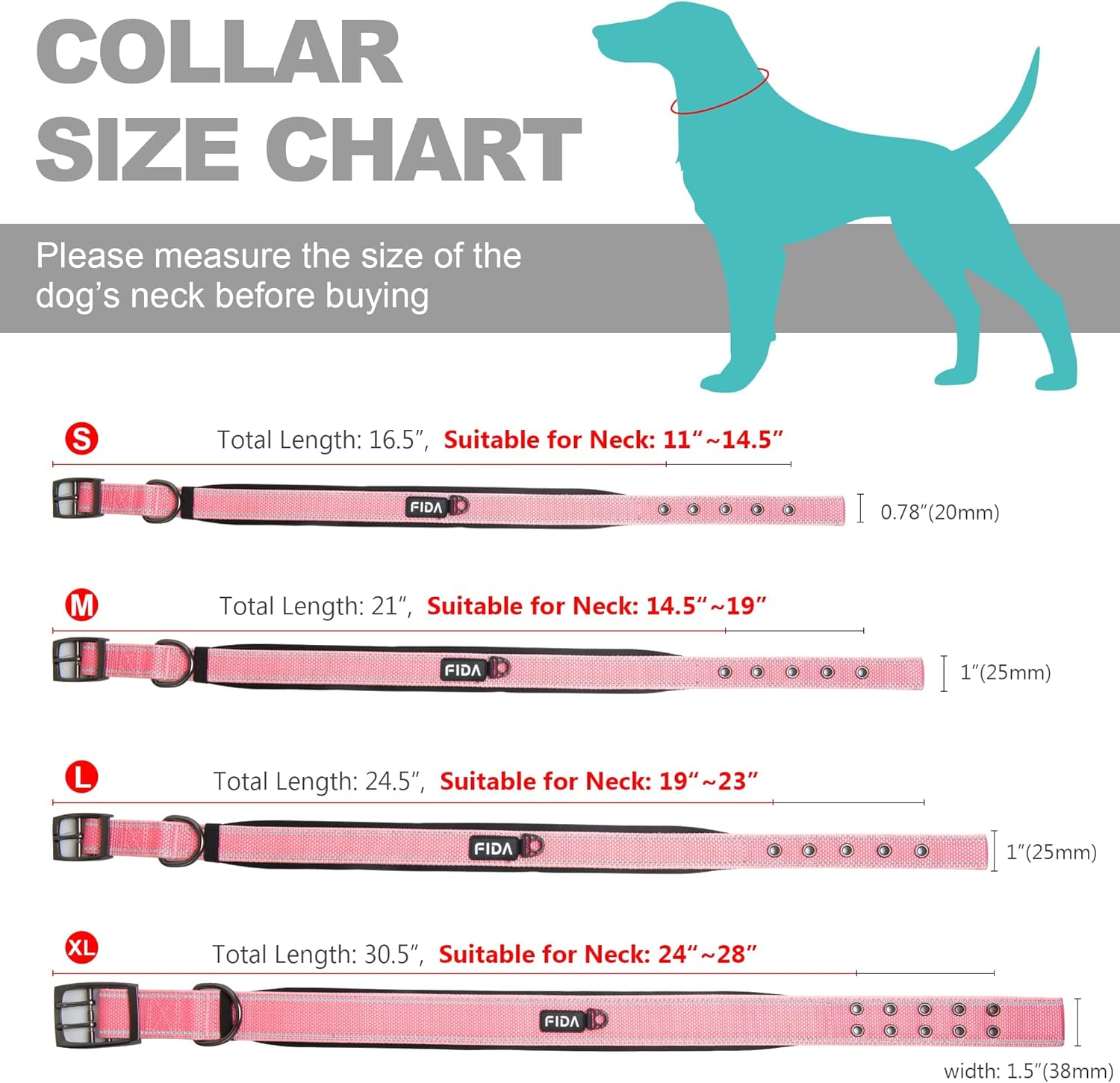 Fida Heavy Duty Dog Collar, Ultra Comfortable Soft Neoprene Padded, Adjustable Reflective Nylon Pet Collar with Durable Metal Belt Buckle for Medium Breeds (M, Pink) - Image 6
