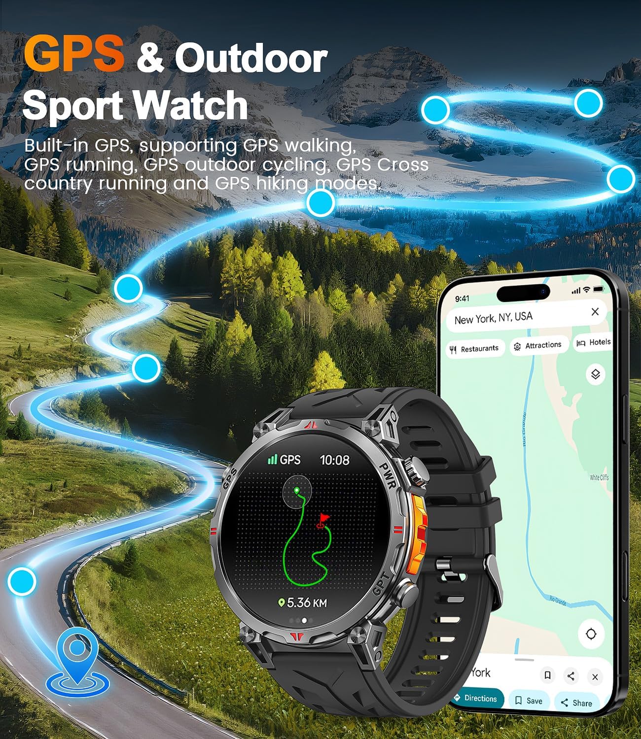 Military Smart Watches for Men GPS, 1.56" AMOLED Screen Bluetooth Call, Smartwatch for Android Phones and iPhone, 100+ Sport Modes, 3ATM Waterproof Smart Watch with Compass - Image 2