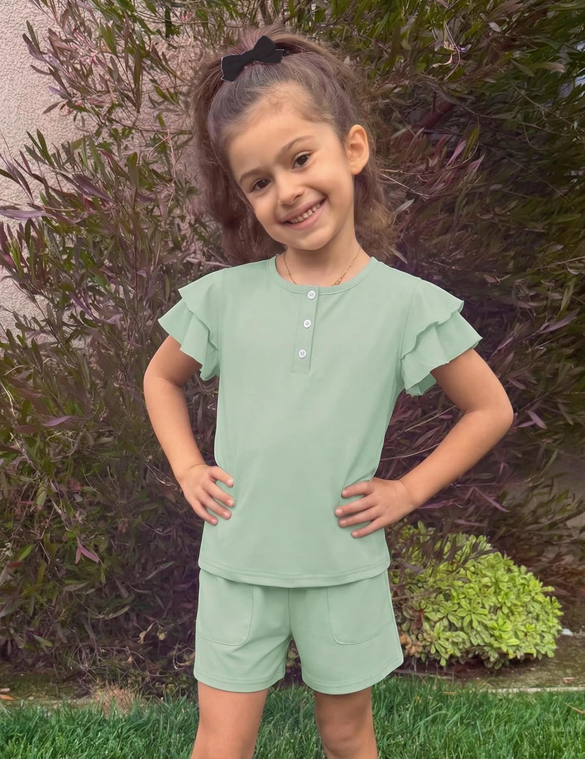 Arshiner Girls Summer Outfits 2 Piece Sets Ruffle Short Sleeve Button Down Shirts and Shorts Set Kids Clothes with Pockets - Image 5