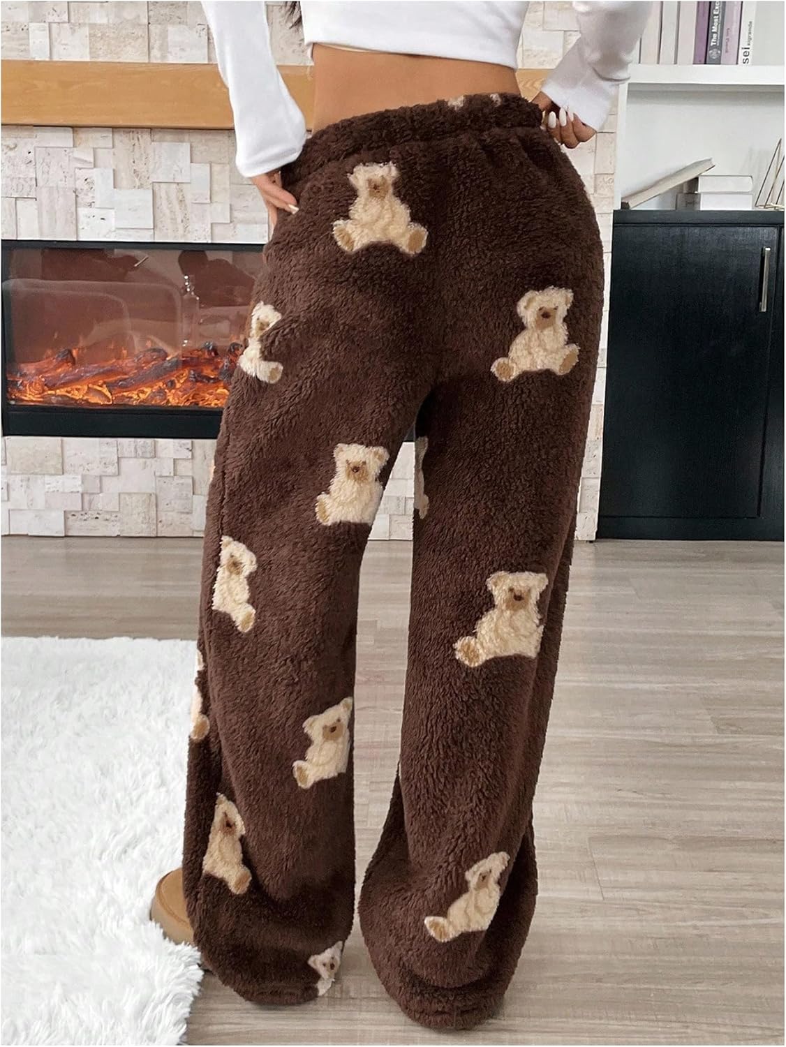 Verdusa Girl's Comfy Pants Fall Winter Clothes Cartoon Bear Fuzzy Baggy Pants Wide Leg Fleece Trousers - Image 2