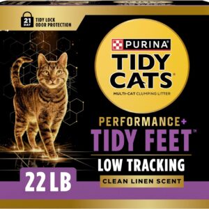 Purina Tidy Cats Performance Plus Tidy Feet Scented Low Tracking Cat Litter, Clumping, Multi-Cat Odor Control Kitty Litter with Clean Linen Scent – 22 lb. Box
