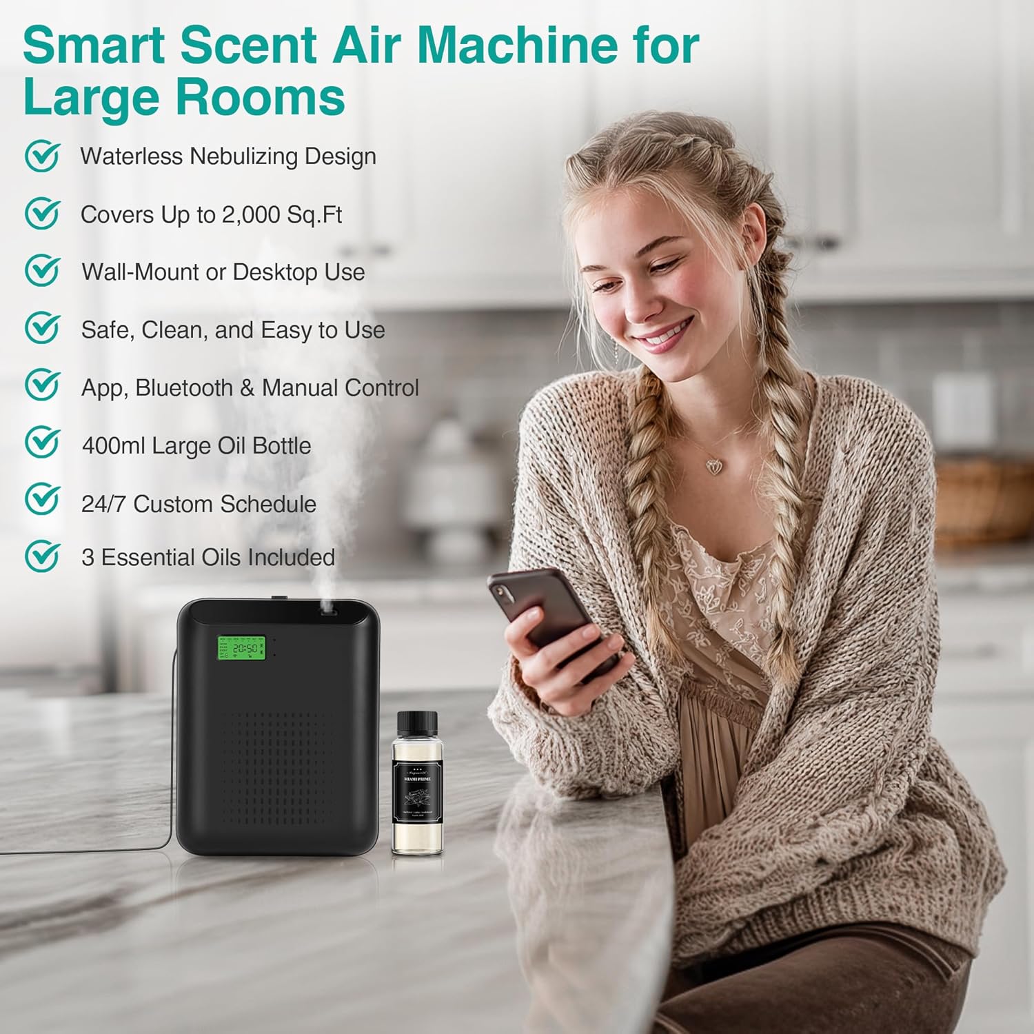 Scent Air Machine Starter Kit – Waterless Diffuser for Home & Commercial Use, Hotel Scent Diffuser Includes 100ml Essential Oil, WiFi/Bluetooth Control, 2000 sq.ft Coverage, Wall-Mount & Desktop,Black - Image 2
