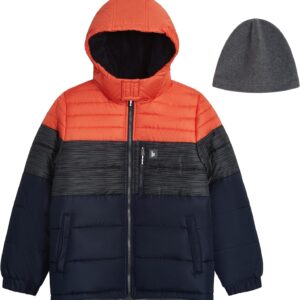 LONDON FOG Boys’ Heavyweight Hooded Puffer Jacket with Sherpa-Lined Hood & Fleece Beanie