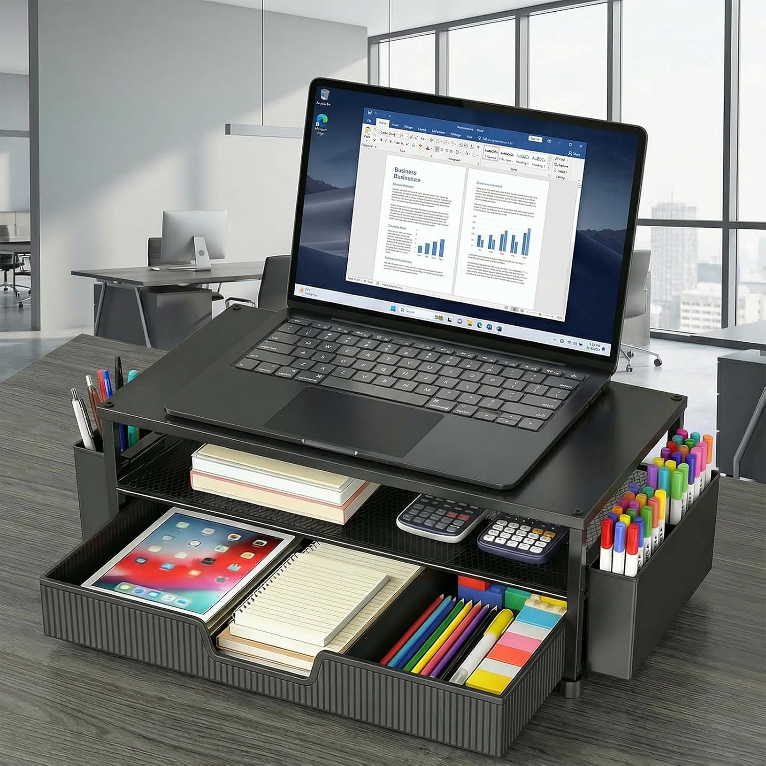 ECOLOVI Desk Organizer and Accessories, 2-Tier Computer Monitor Stand Rise with Storage Drawer & 2 Pen Holders, Laptop & Printer Stand for Desktop, Workspace Organizers for Office Supplies (Black) - Image 5
