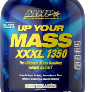 MHP UYM XXXL 1350 Mass Building Weight Gainer, Muscle Mass Gains, w/50g Protein, High Calories, 11g BCAAs, Leucine, French Vanilla Creme, 8 Servings
