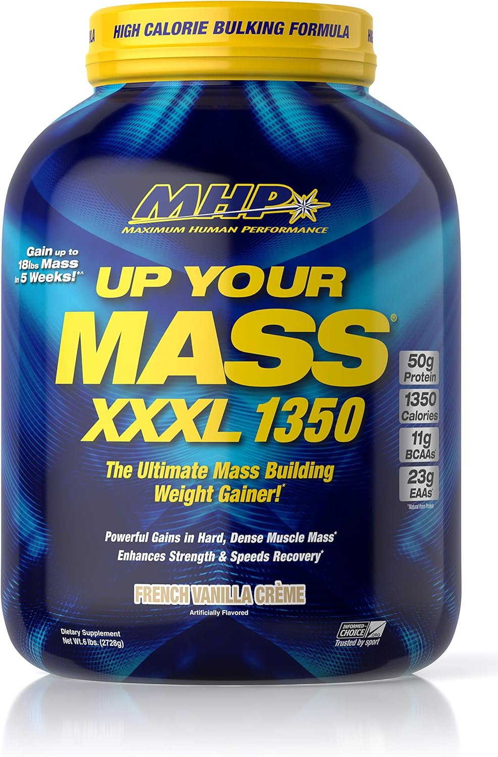 MHP UYM XXXL 1350 Mass Building Weight Gainer, Muscle Mass Gains, w/50g Protein, High Calories, 11g BCAAs, Leucine, French Vanilla Creme, 8 Servings