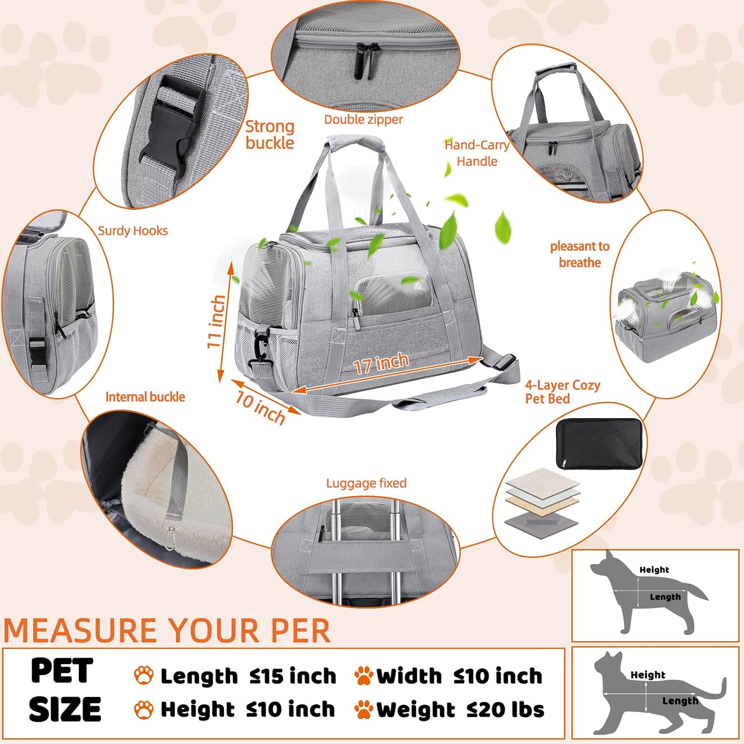 Pet Carrier Bag Airline Approved Up for Cats and Dogs Up to 20LBs, Soft Cat Carrier Dog Carrier Travel Kitten Carrier with Mat, Nail Clipper, Brush, Foldable Bowl Cat Accessories - Image 4