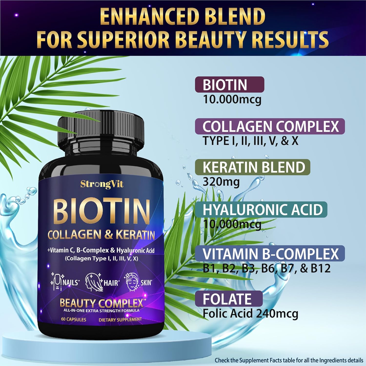 StrongVit Biotin with Hyaluronic Acid, Keratin and Collagen Supplements - 10000mcg for Hair Growth Women and Men - Hair Skin and Nails Vitamins - 60 Capsules - Image 2