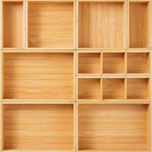 Fabsome Drawer Organizer, Set of 9 Bamboo Wood Kitchen Makeup Desk Junk Tea Drawer Storage Boxes Bins for Cutlery Silverware Utensils Flatware, Small Wooden Container Tray for Bathroom, Office