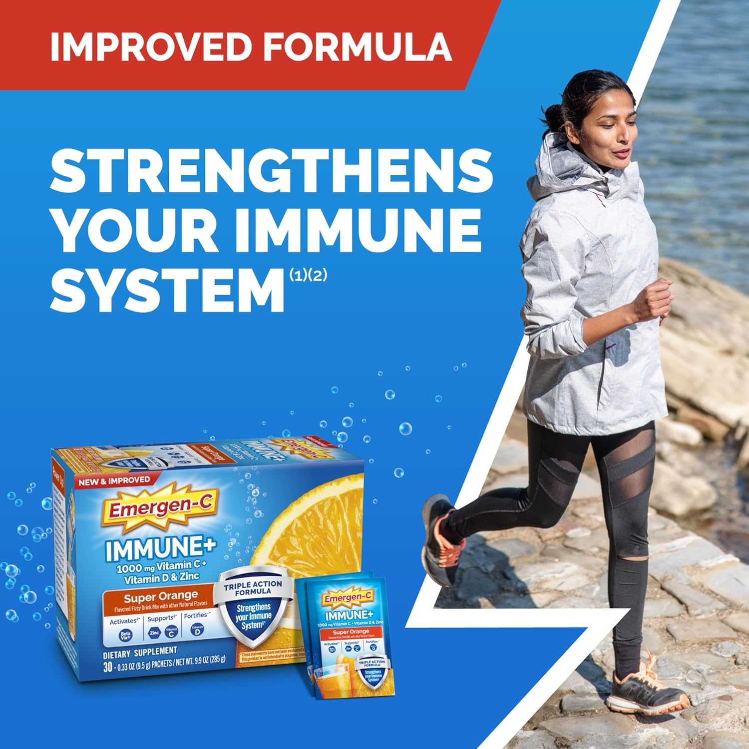 Emergen-C Immune+ Triple Action Immune Support Powder, BetaVia (R), 1000mg Vitamin C, B Vitamins, Vitamin D and Antioxidants, Super Orange – 50 Count - Image 2