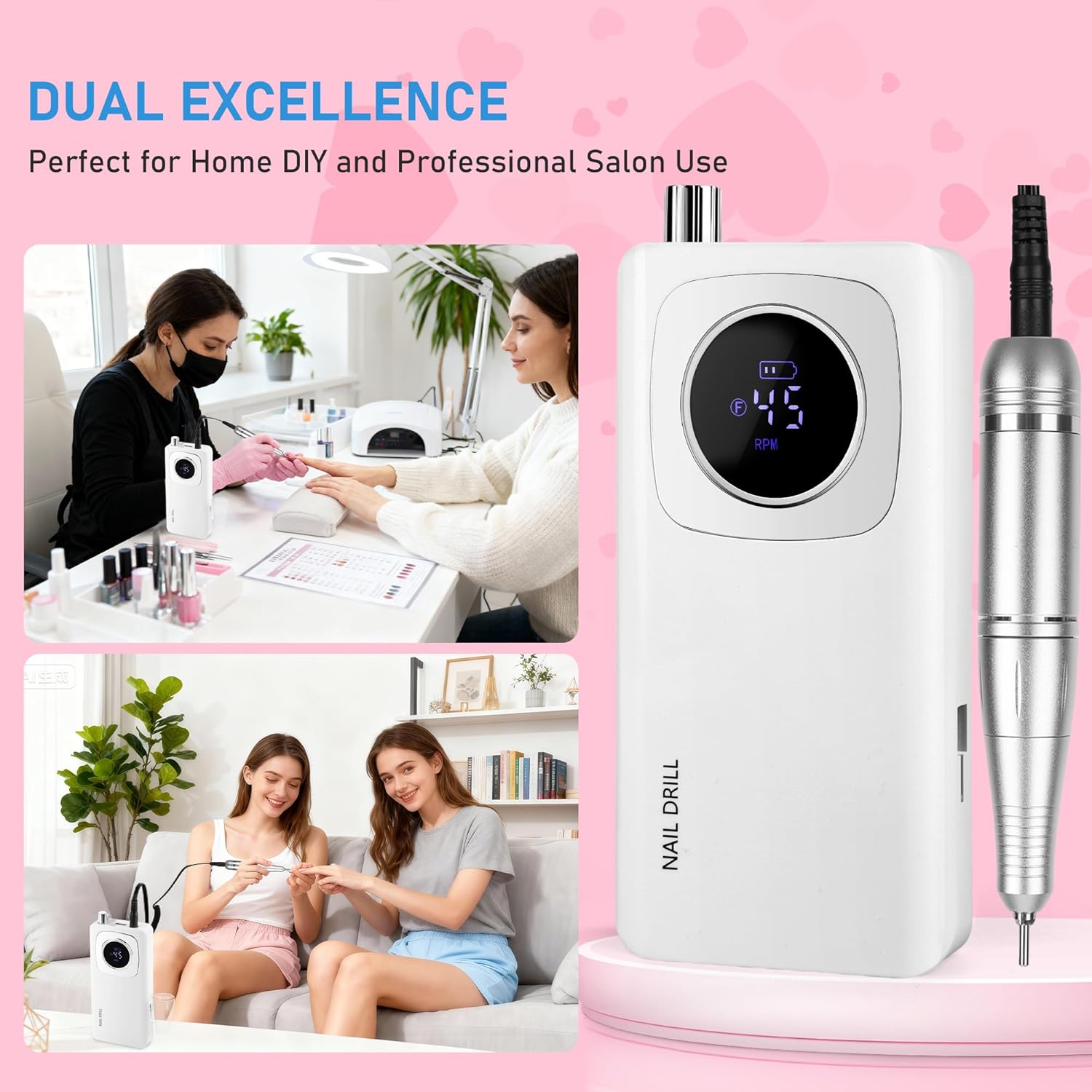 Portable Electric Nail Drill Professional 45000 RPM, Rechargeable Electric Nail File Machine Kit for Acrylic Gel Nails Polishing Removing, Quiet E-File with Bits for Manicure Salon Home - Image 9