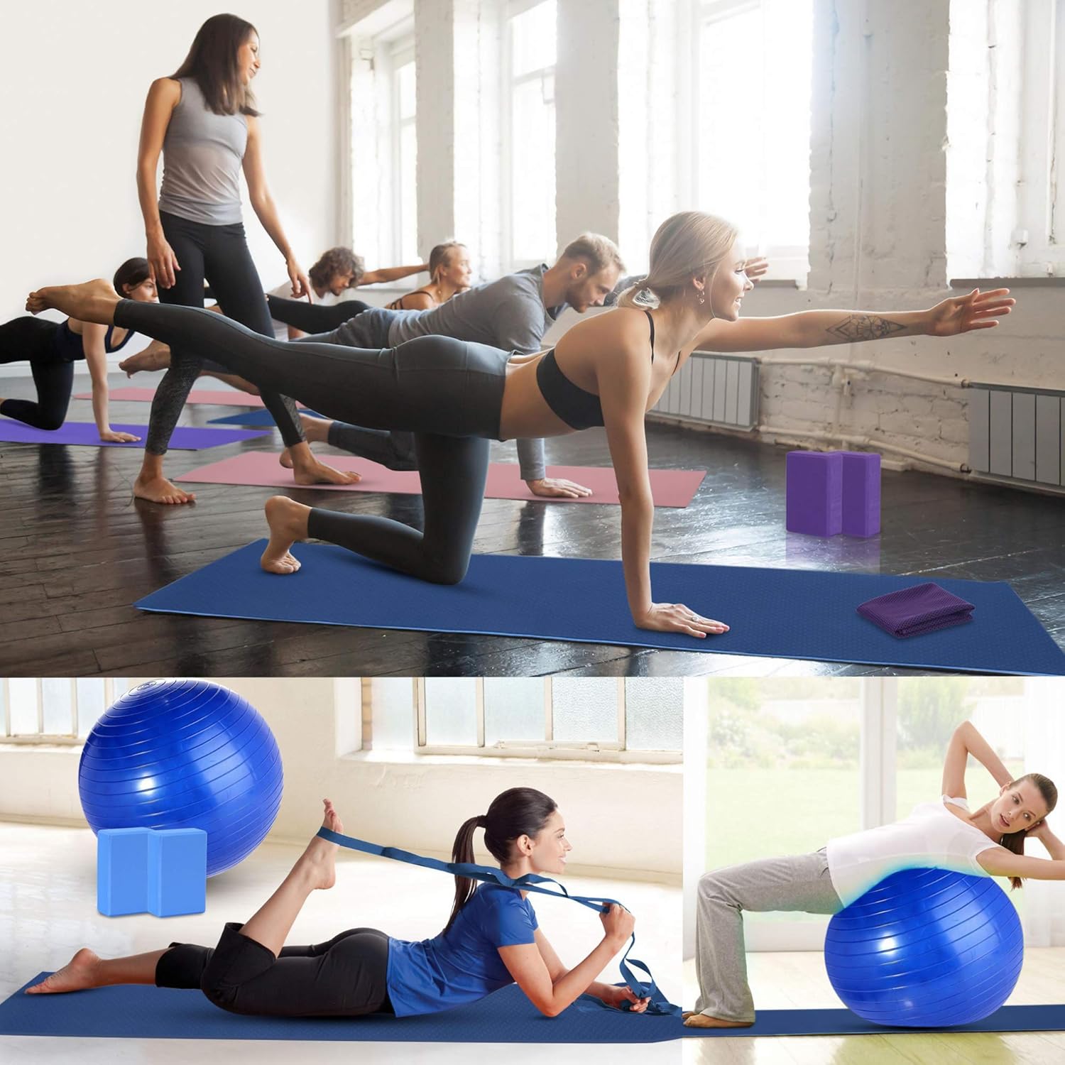 Yoga Starter Kit - 11-Piece Set with Yoga Blocks, Strap, Ball, Mat, Carrying Strap, Net Bag, Cooling Towel - Image 2