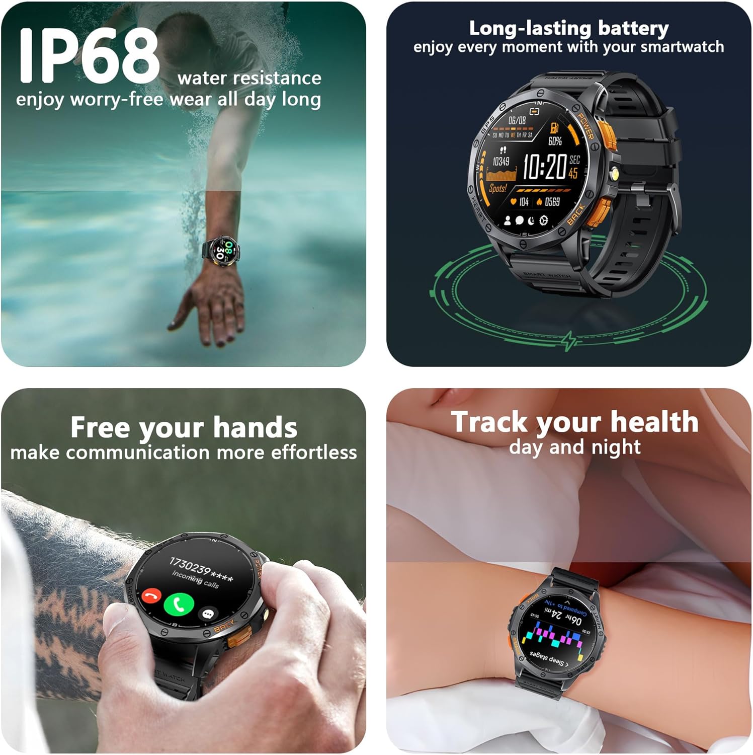 Military Smart Watch With GPS, 170+ Sport Modes Smartwatch with Heart Rate Monitor, Compass, Flashlight, GPS, Smart Watch for men,1.43" AMOLED Screen Bluetooth Call,Compatible iOS & Android (2 Bands) - Image 4