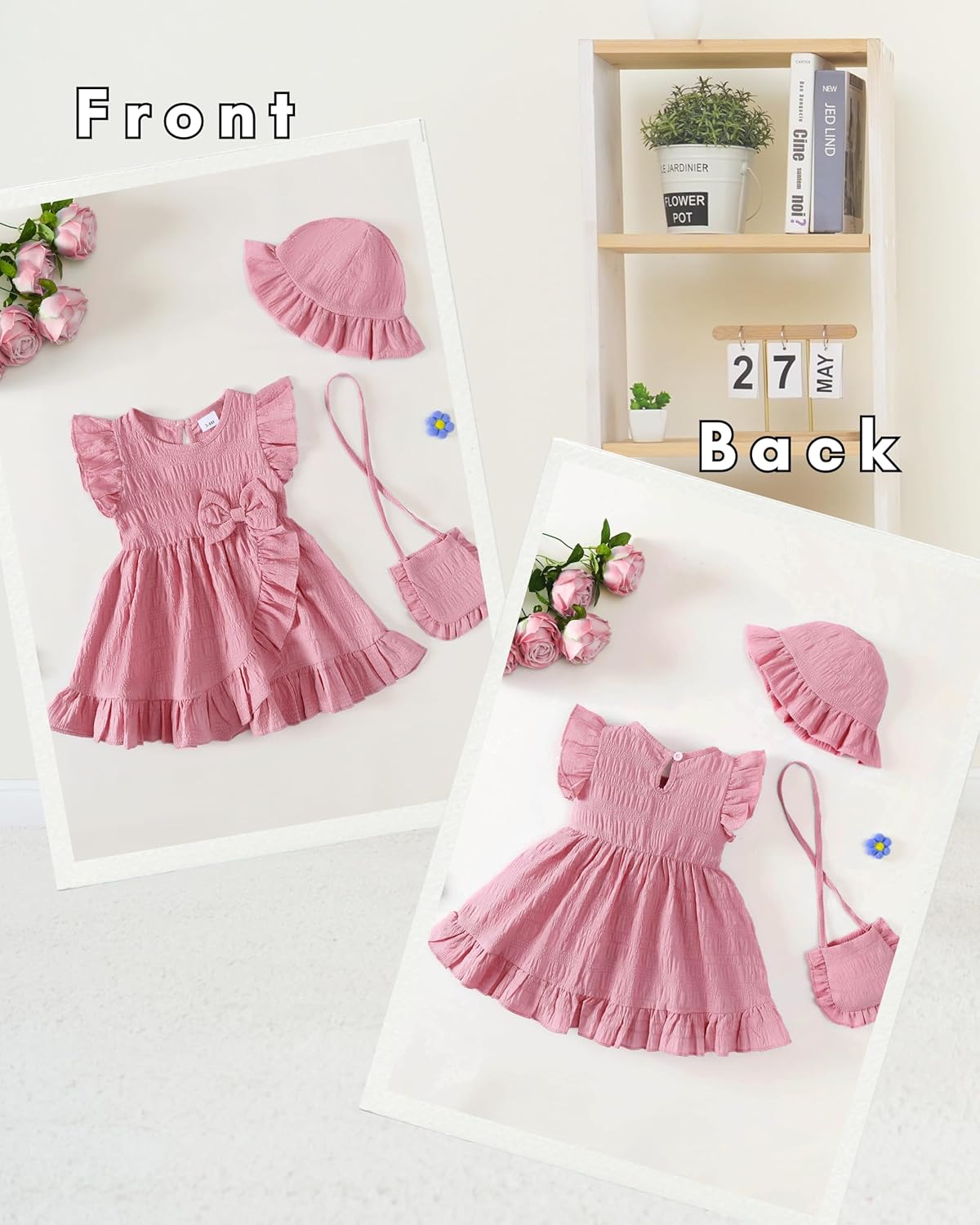 SODLON Toddler Baby Girl Dress Summer Clothes Outfits Ruffle Sleeveless Bow Dresses Beach Vacation Sundress with Hat - Image 5
