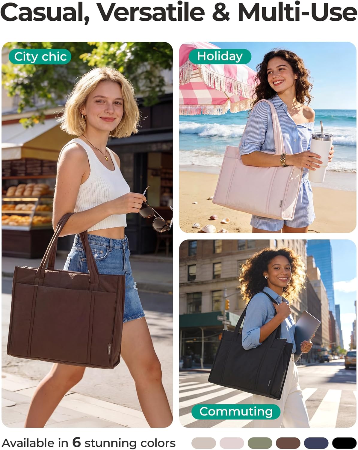 BAGSMART Tote Bag for Women, 2Pc Puffer Tote Bag with Zipper, Quilted Work Tote Teacher Bag Shoulder Handbag | Beach Tote, Diaper Bag Tote, for Travel, Gym, Lightweight, Fit 15.6" Laptop, 21L Medium Tote - Image 9