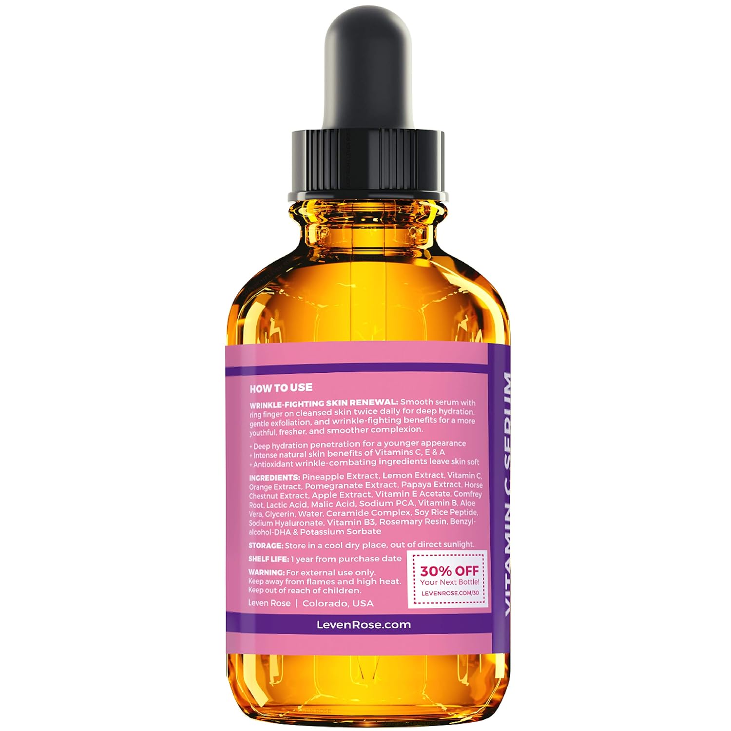 Vitamin C Brightening Serum by Leven Rose 100% Natural Dark Spot Remover for Face for Collagen Boost, Anti-Aging, Deep Hydrating for Dry Skin, Collagen Building Face Moisturizer 1 oz - Image 7