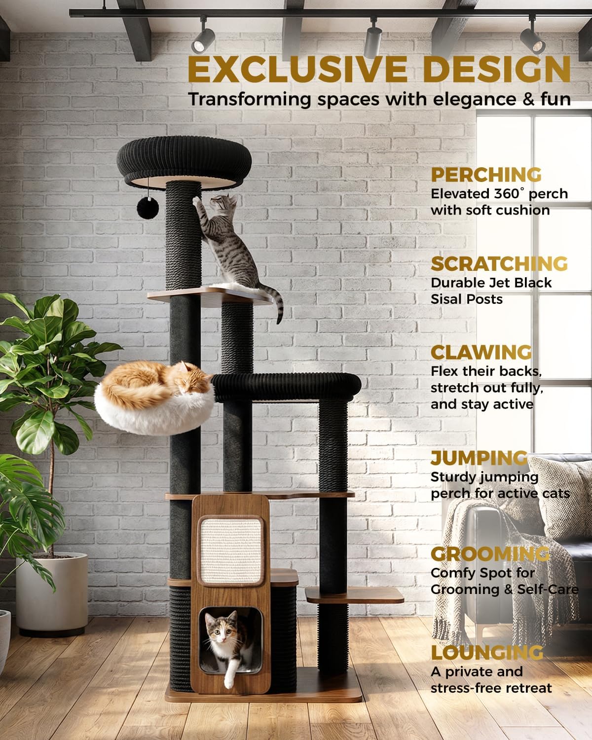 63" Modern Cat Tree Tower for Indoor Cats, Heavy Duty Cat Trees for Large Cat, Adult Maine Coon Cat Tree Tower with Scratching Post, Extra Large Top Perch, Cat Condos (Black) - Image 2