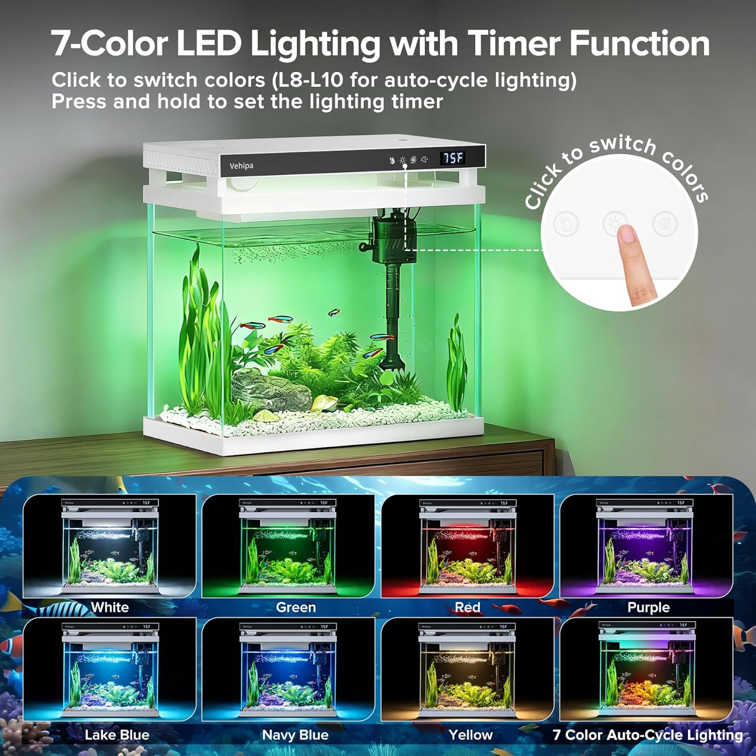 Vehipa Fish Tank Aquarium, 2.2 Gallon Smart Fish Aquarium Kits with Auto Feeder, Silent Water Pump, Temperature Display, Smart Humidifier & 7-Color Lighting, for Office & Home - White - Image 4