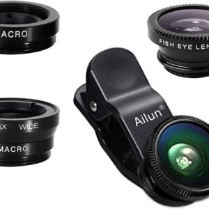 Phone Lens,by Ailun,3 in 1 Clip on 180 Degree Fish Eye Lens+0.65X Wide Angle+10X Macro Lens,Universal HD Camera Lens Kit for Mobile Phone,Cellphone,Smart Phone
