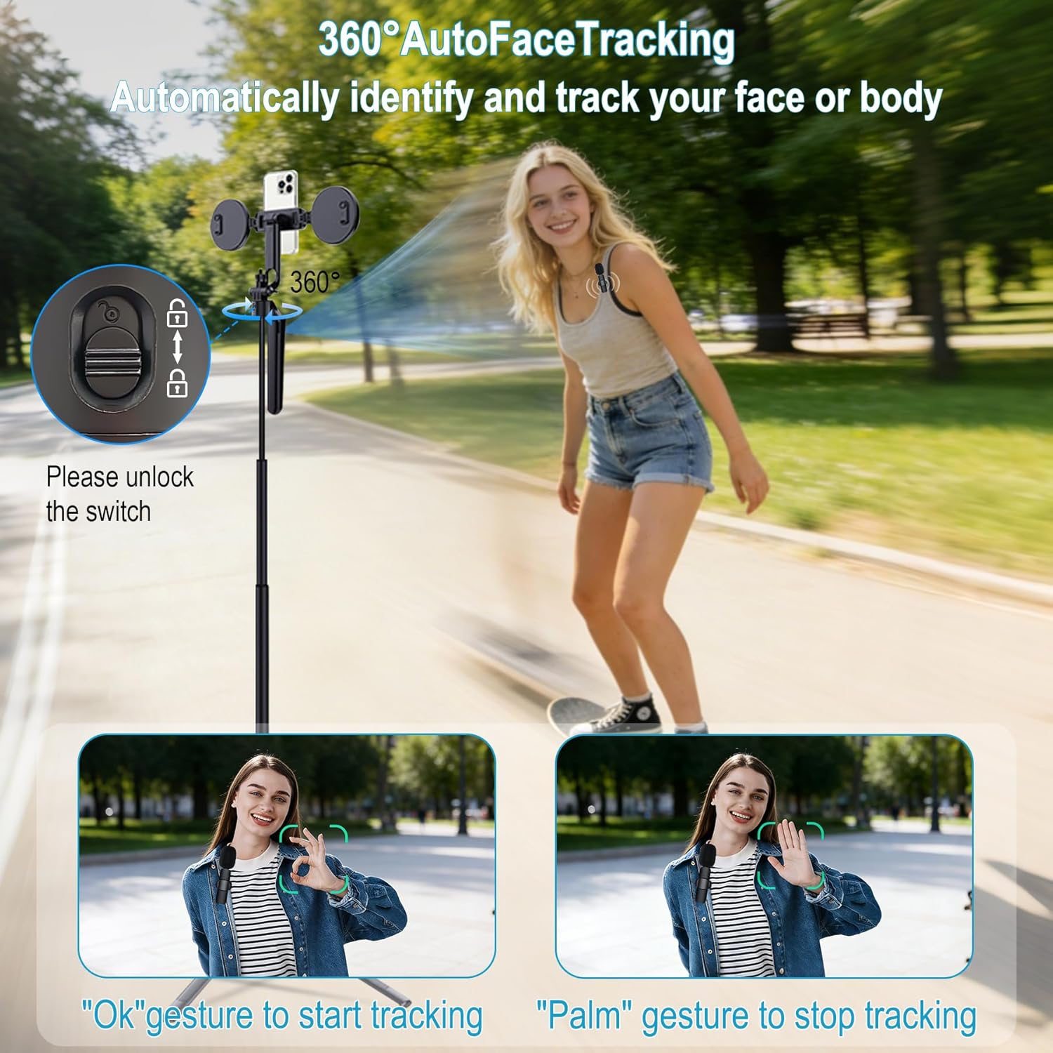 71" Content Creator Essentials Vlogging Kit - 2 Lights & 2 Mics, 360° Rotating Auto Face Tracking Tripod for iPhone/Android/Camera with Wireless Remote, No App for Vlog, Live, Video Record - Image 2