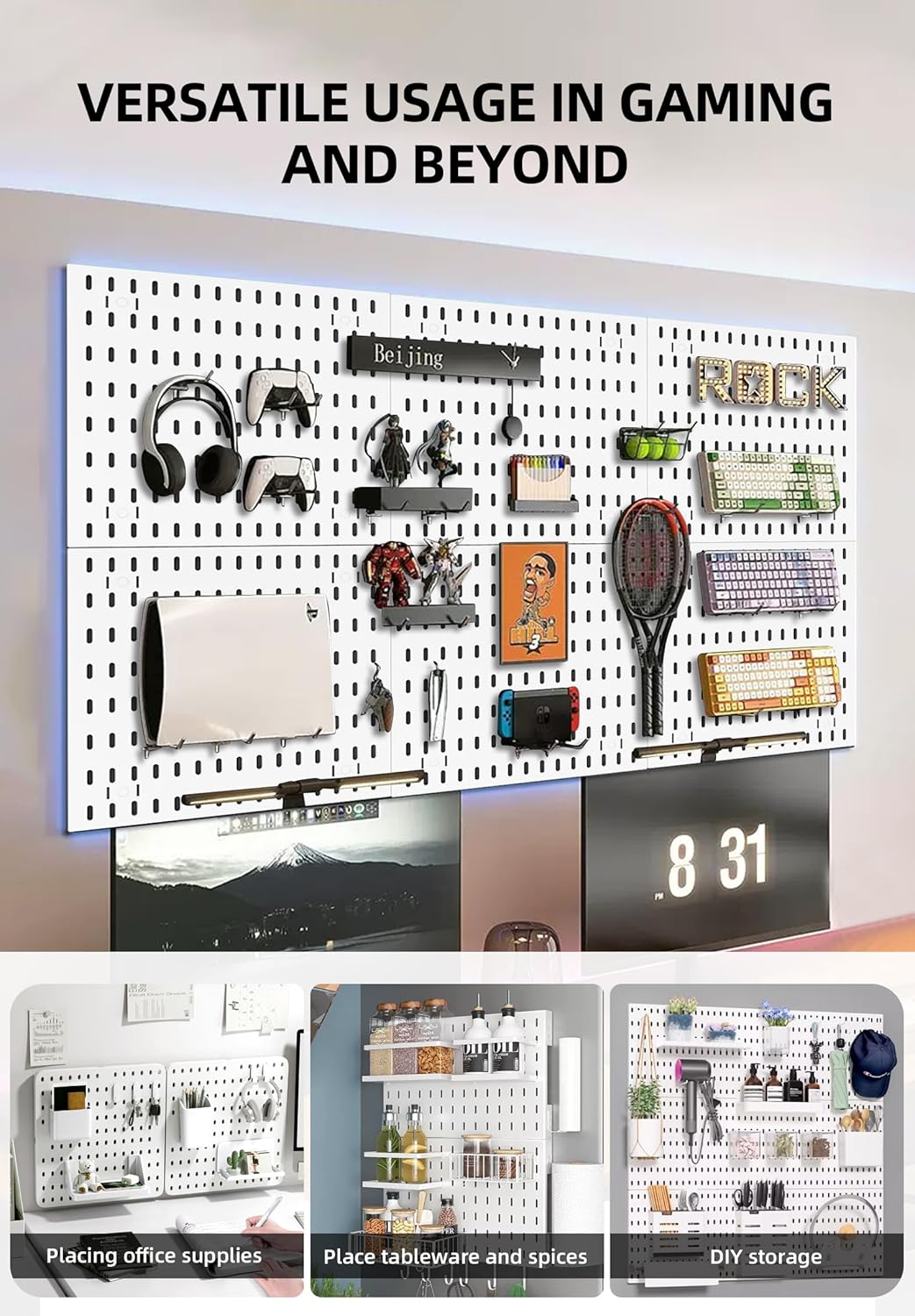 Wall Organizer Peg Board - Elevate And Declutter Your Gaming And Office - Create A Perfectly Structured Space(White) - Image 3