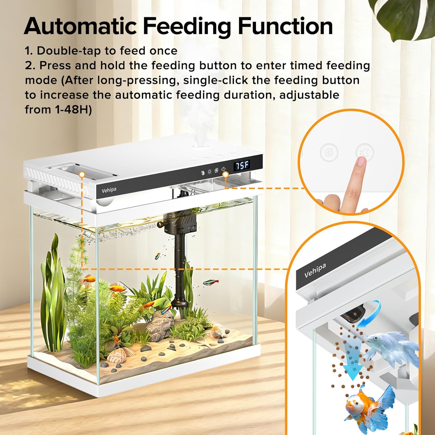 Vehipa Fish Tank Aquarium, 2.2 Gallon Smart Fish Aquarium Kits with Auto Feeder, Silent Water Pump, Temperature Display, Smart Humidifier & 7-Color Lighting, for Office & Home - White - Image 2