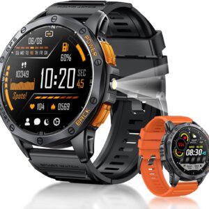 Military Smart Watch With GPS, 170+ Sport Modes Smartwatch with Heart Rate Monitor, Compass, Flashlight, GPS, Smart Watch for men,1.43″ AMOLED Screen Bluetooth Call,Compatible iOS & Android (2 Bands)
