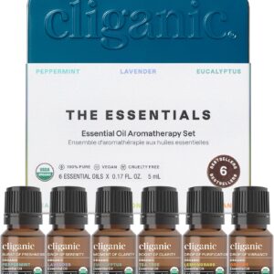 Cliganic Organic Aromatherapy Essential Oils Set (Top 6 – The Essentials), 100% Pure Natural – Peppermint, Lavender, Eucalyptus, Tea Tree, Lemongrass & Orange (Packaging May Vary)