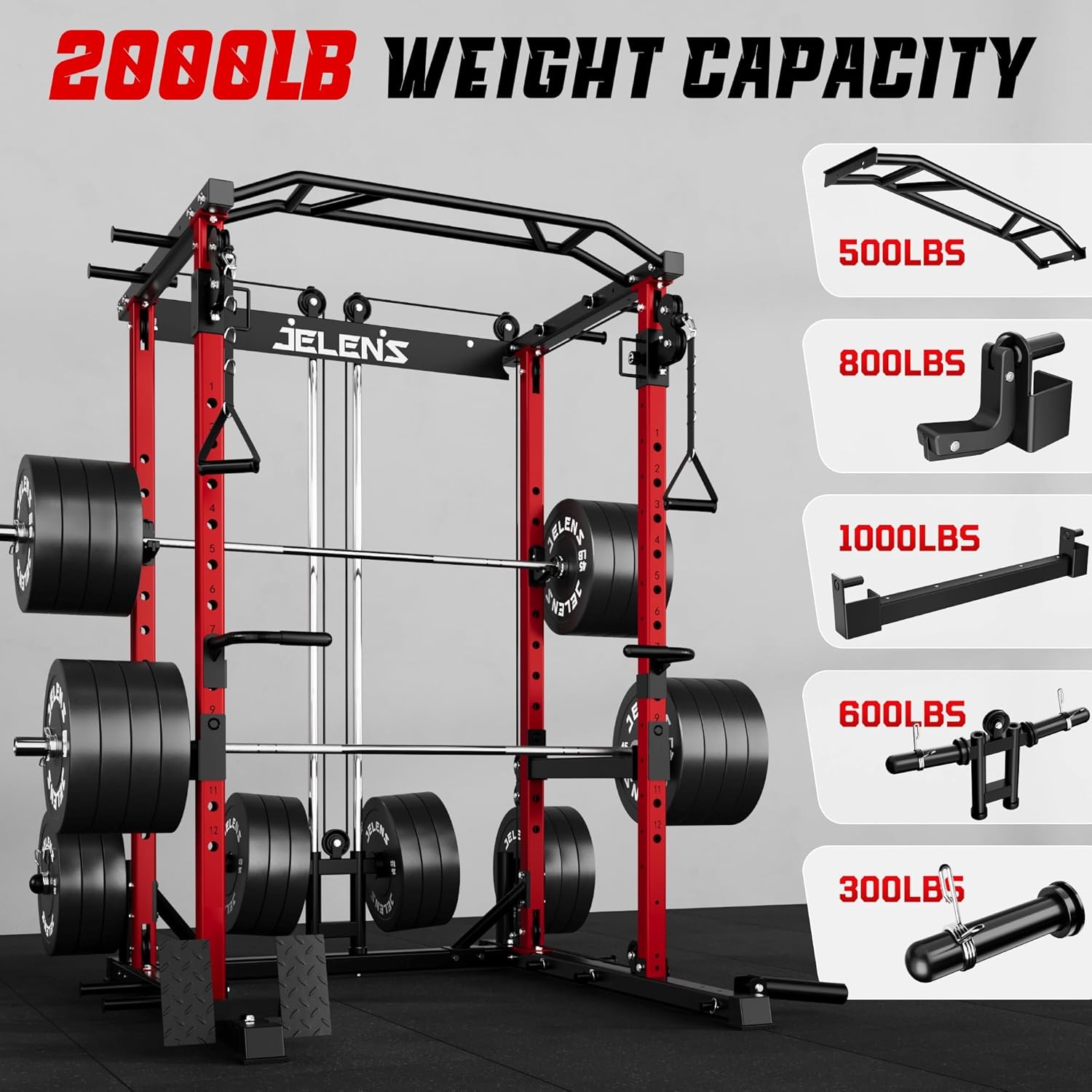 JELENS C12 Squat Rack for Home Gym, 2000LBS Power Rack with Adjustable Pulley System, Power Cage Workout Equipment with LAT Pulldown and Training Attachment - Image 5