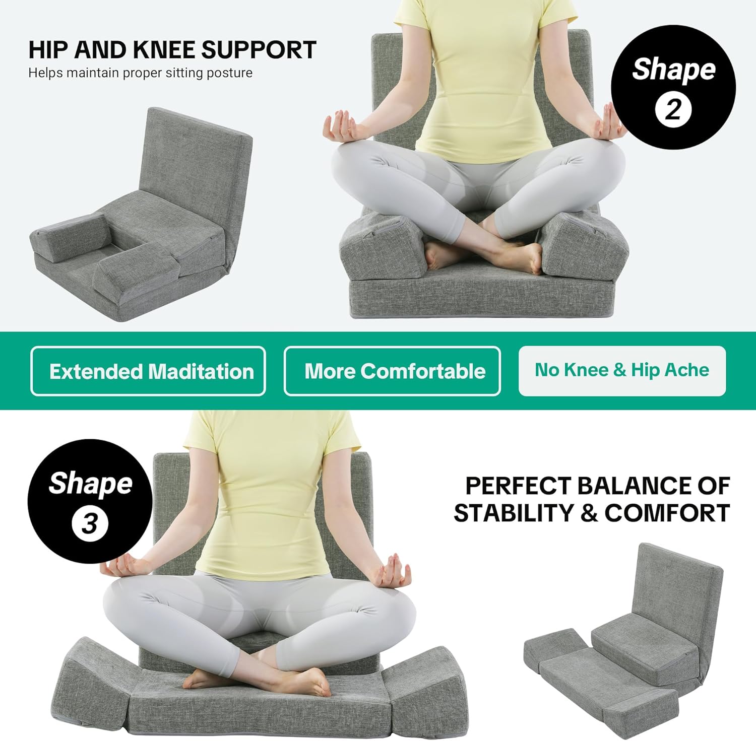 HOMBYS Pro Meditation Cushion Set with Adjustable Back Support, Large 3-in-1 Floor Sitting Chair for Yoga & Meditation, Extra Thick Yoga Pillows for Adults with Knee Support, Grey - Image 5