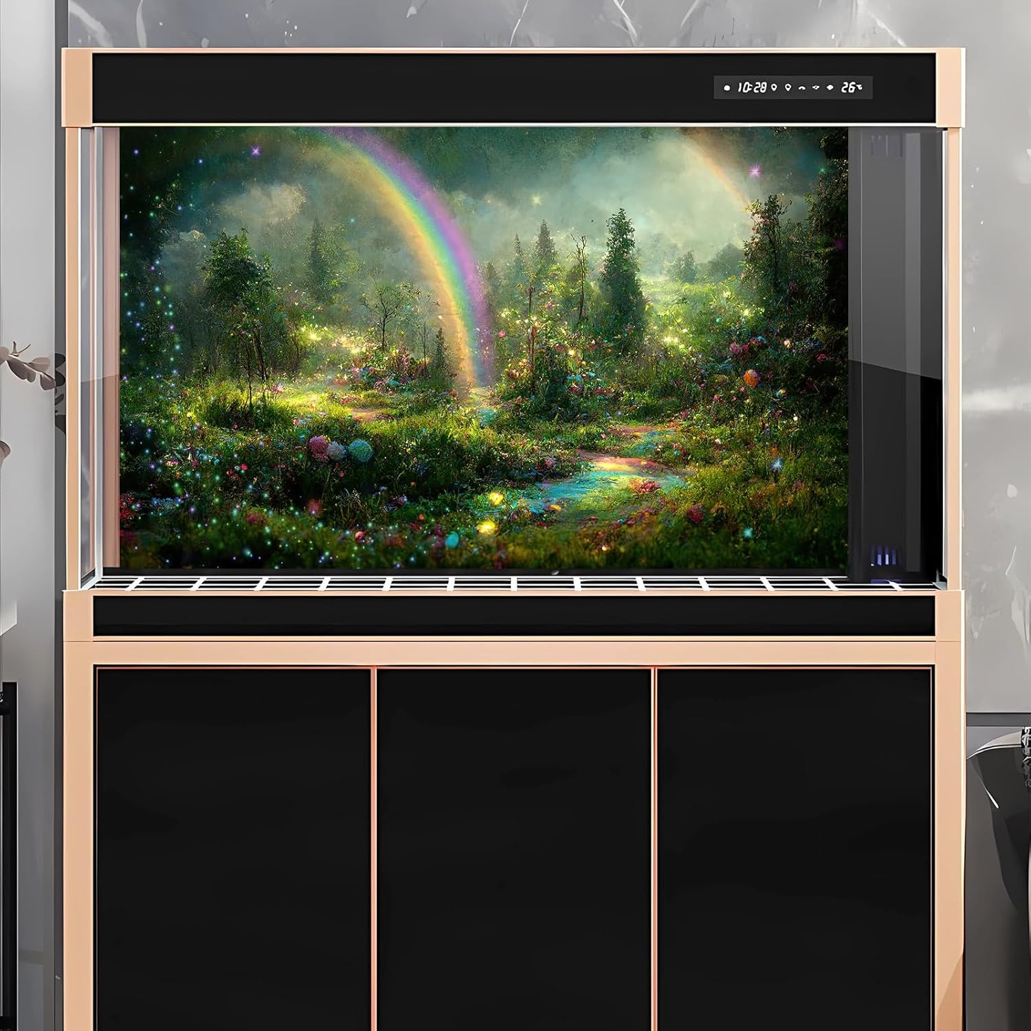 Fantasy Forest Aquarium Background Rainbow Colorful Flowers Terrarium Background Jungle Plants Foggy Misty Rainforest Fish Tank Background Mysterious Forest Reptile Habitat Background Vinyl 36x18in - Image 2