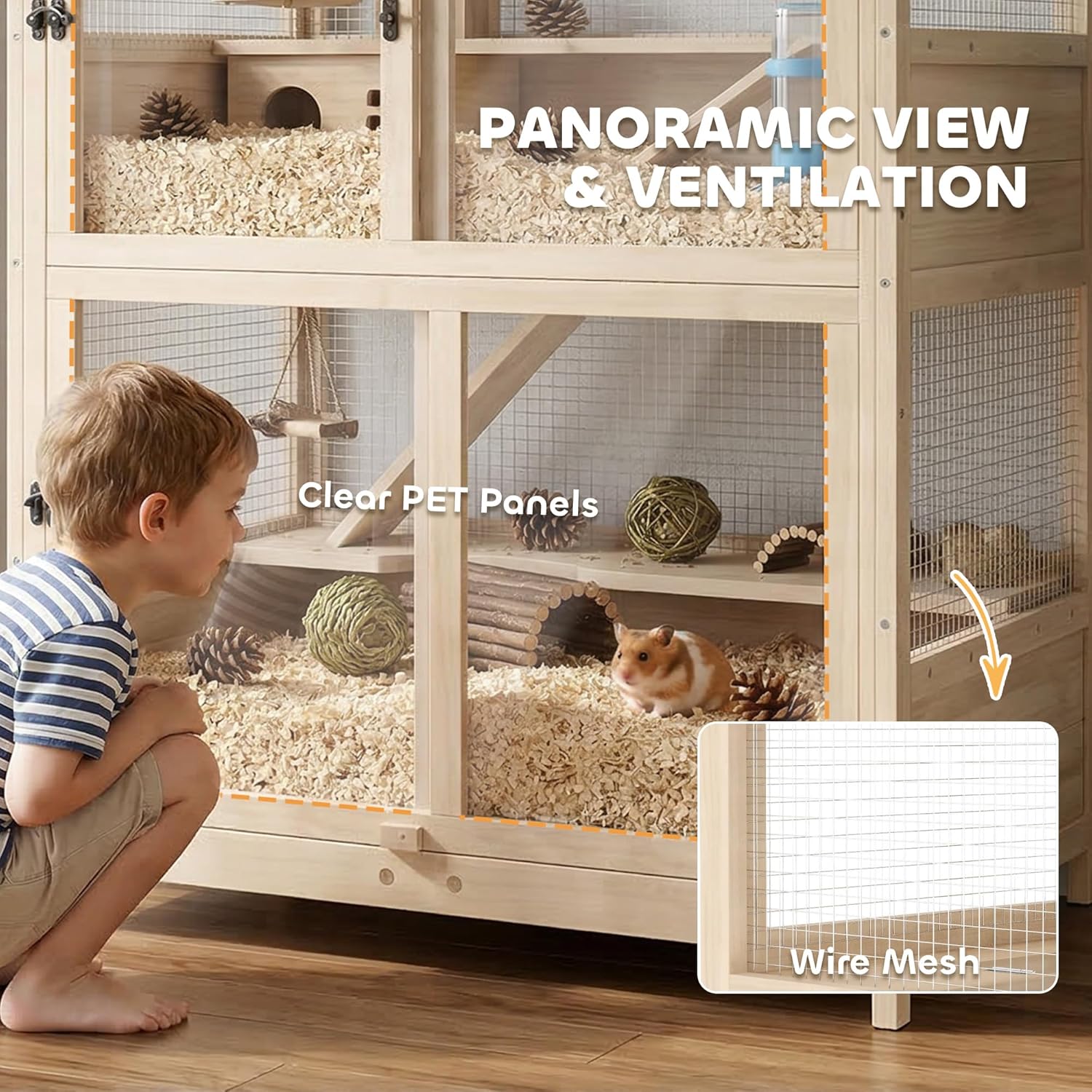 PawHut Wooden Hamster Cage, 4 Tier Small Animal Cage with Mesh Flip Roof, Pull-Out Tray, Huts, Seesaws, Ramps and Water Bottles, Hamster Habitat for Dwarf Syrian Mice Gerbil, 33" x 21" x 36" - Image 8