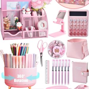LXEVIHK 21Pcs Pink Desk Organizers and Accessories With Mesh Desk Organizer and 360°Rotating Pen Holder and a Lot of Office Pink Office Supplies Beautifully Presented in a Gift Box