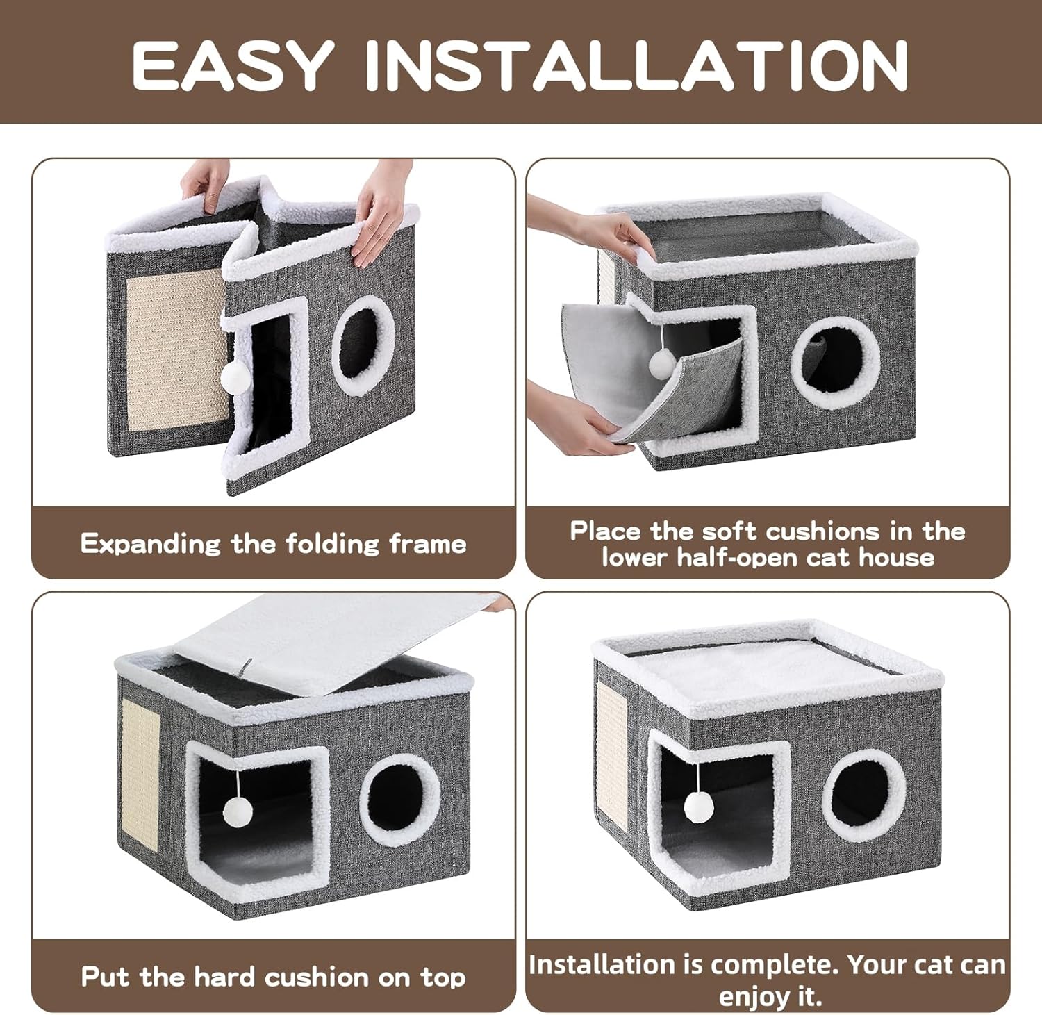 Cat Beds for Indoor Cats, Large Cat Cave with Fluffy Ball and Scratch Pad, Foldable Cat Scratch House with Hideaway Condo for Kitten,16x16x13inch,Grey - Image 6