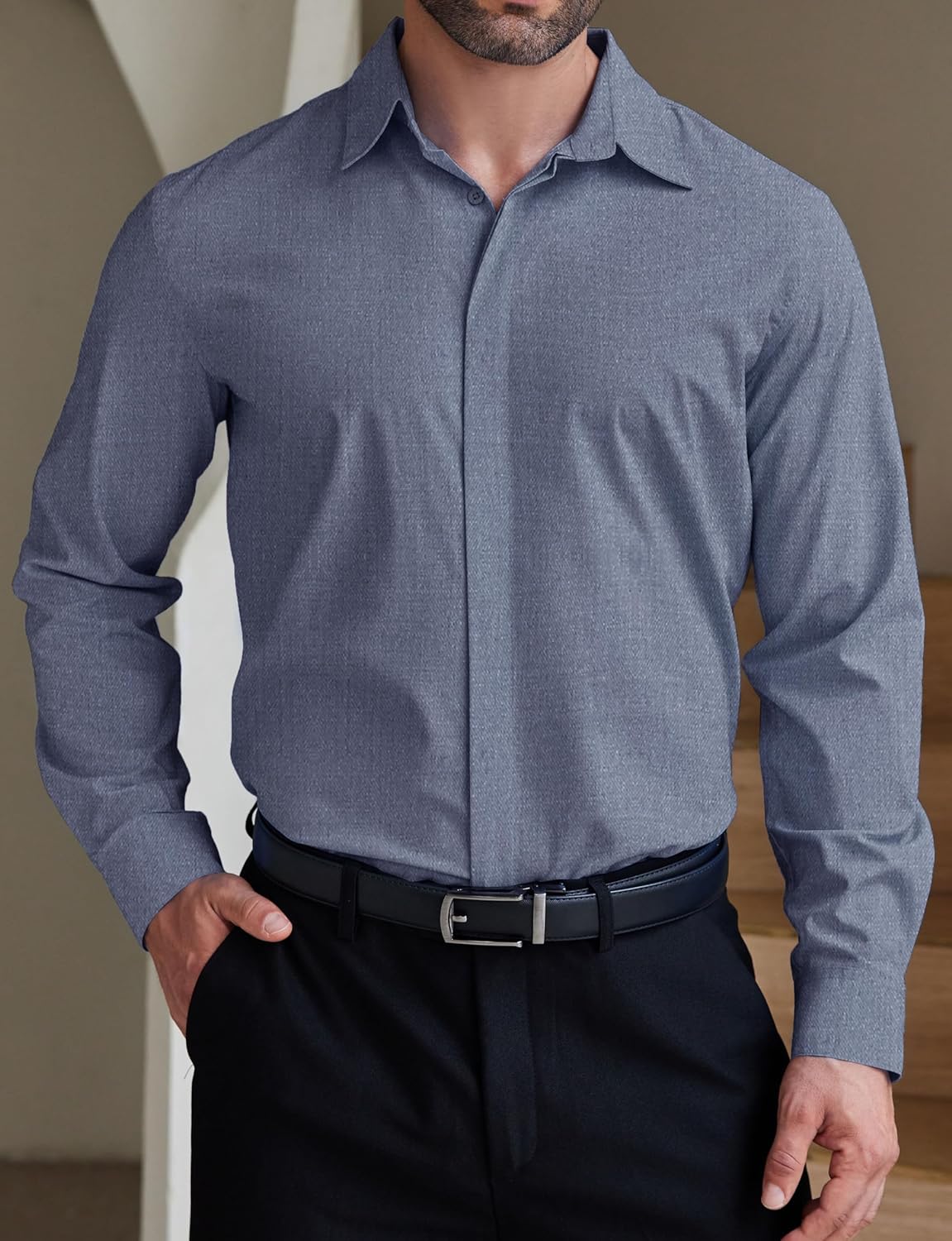 COOFANDY Men's Formal Dress Shirt Hidden Button Front Wrinkle Free Shirt Regular Fit Stretch Business Casual Shirts