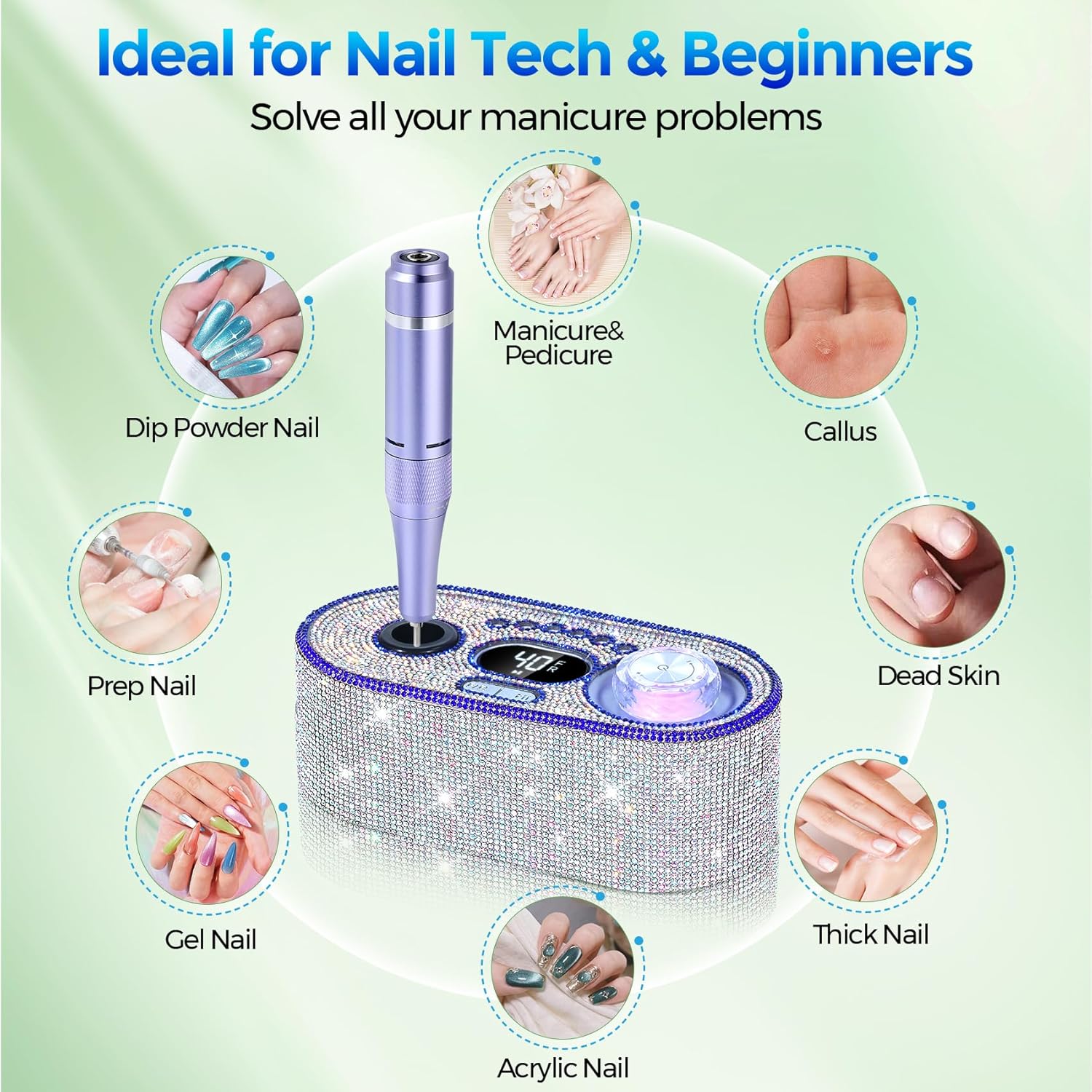 Nail Drill Electric File: DEDNMSCA Sparkly Professional Nail Drill Kit, 40000RPM E-File Machine with 12 Drill Bits for Acrylic Nails Remove Nail Gel Polish Manicure for Salon Home, Diamond - Image 5