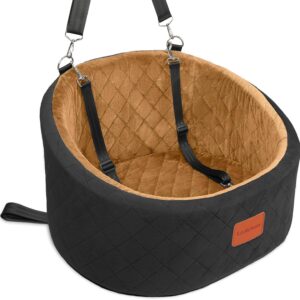 Lealchum Dog Car Seat for Small Dogs Up to 30 Lbs,Ultra Soft Fabric Fill in Comfy Memory Foam,Happy Pet Ride,2 Safety Dog Leashes,Fully Detachable and Washable,Anti Slip Base(Black/Coffee)
